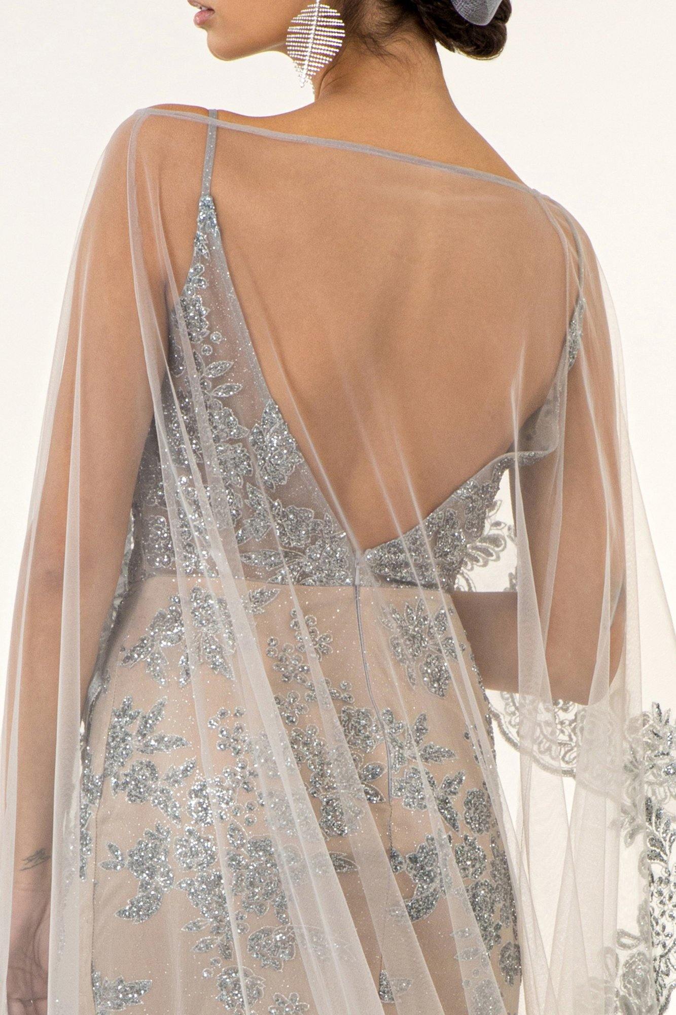 Prom Long Formal  Glitter Cape Dress