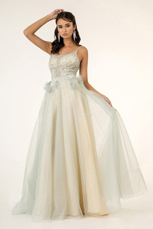 Prom Long Formal Spaghetti Strap Glitter Mesh Dress - The Dress Outlet