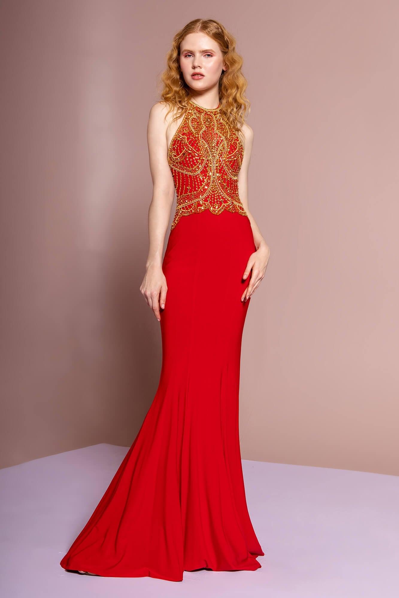 Prom Long Halter Dress Beaded Bodice Evening Gown