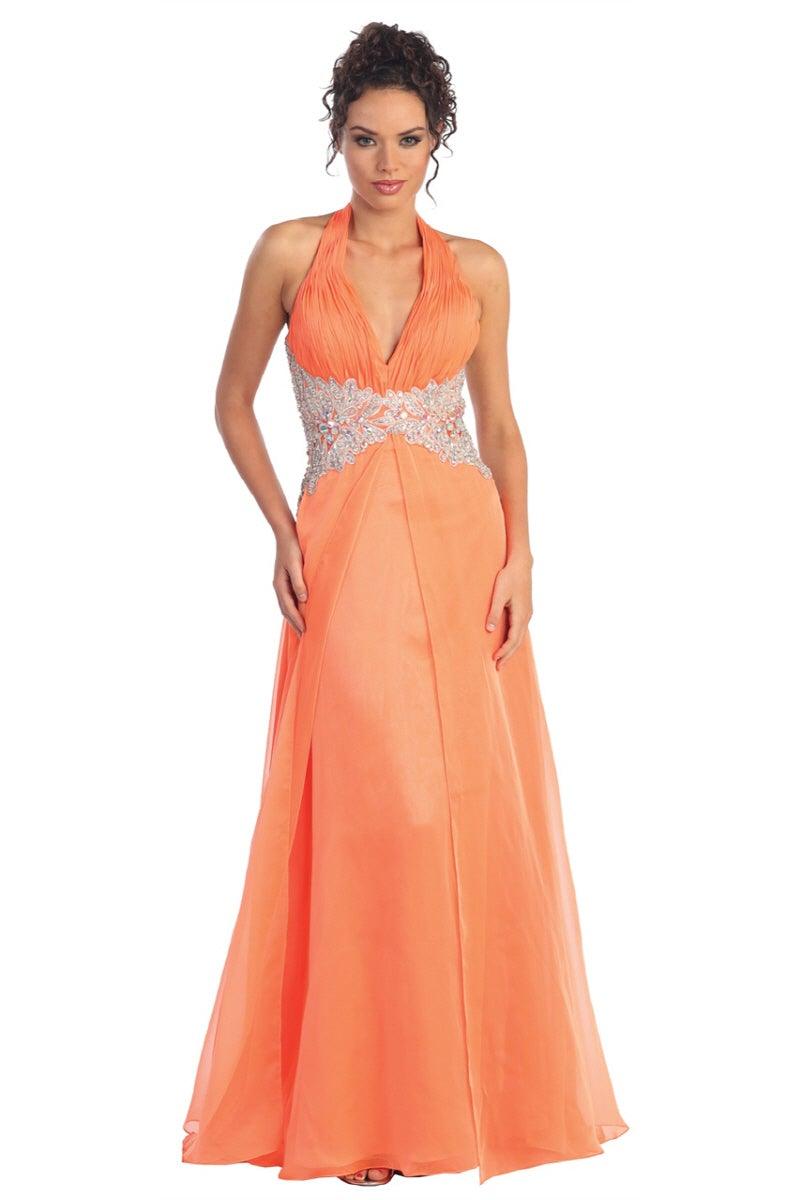 GLS Teal Long Halter Neck Chiffon Evening Dress - Ruched Bust & Open Back - Xs Size GLS Teal Long Halter Neck Chiffon Evening Dress - Ruched Bust & Open Back - Xs Size