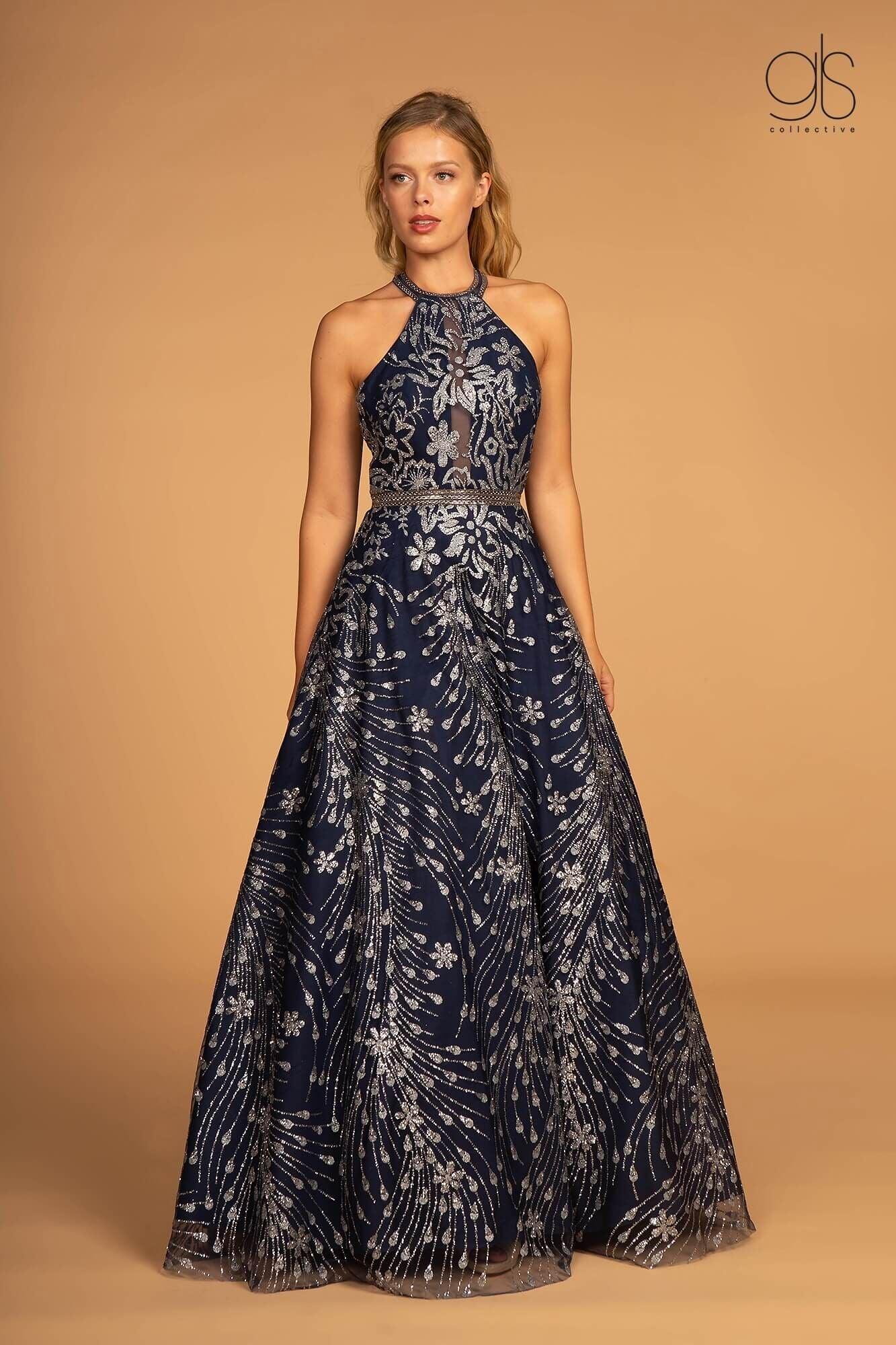 Prom Long Halter Neck Glitter Print Dress Ball Gown - The Dress Outlet Elizabeth K