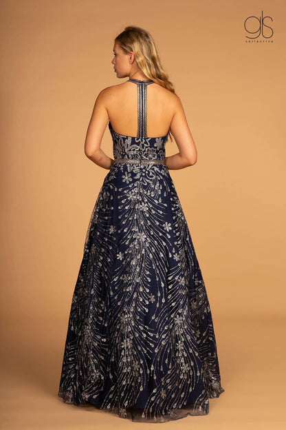 Prom Long Halter Neck Glitter Print Dress Ball Gown - The Dress Outlet Elizabeth K