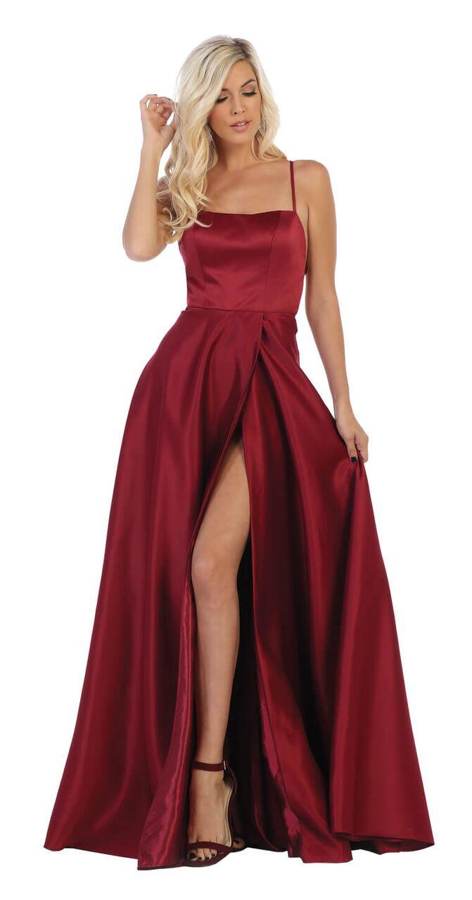 Prom Long Satin with Slit Open Back Dress - The Dress Outlet May Queen