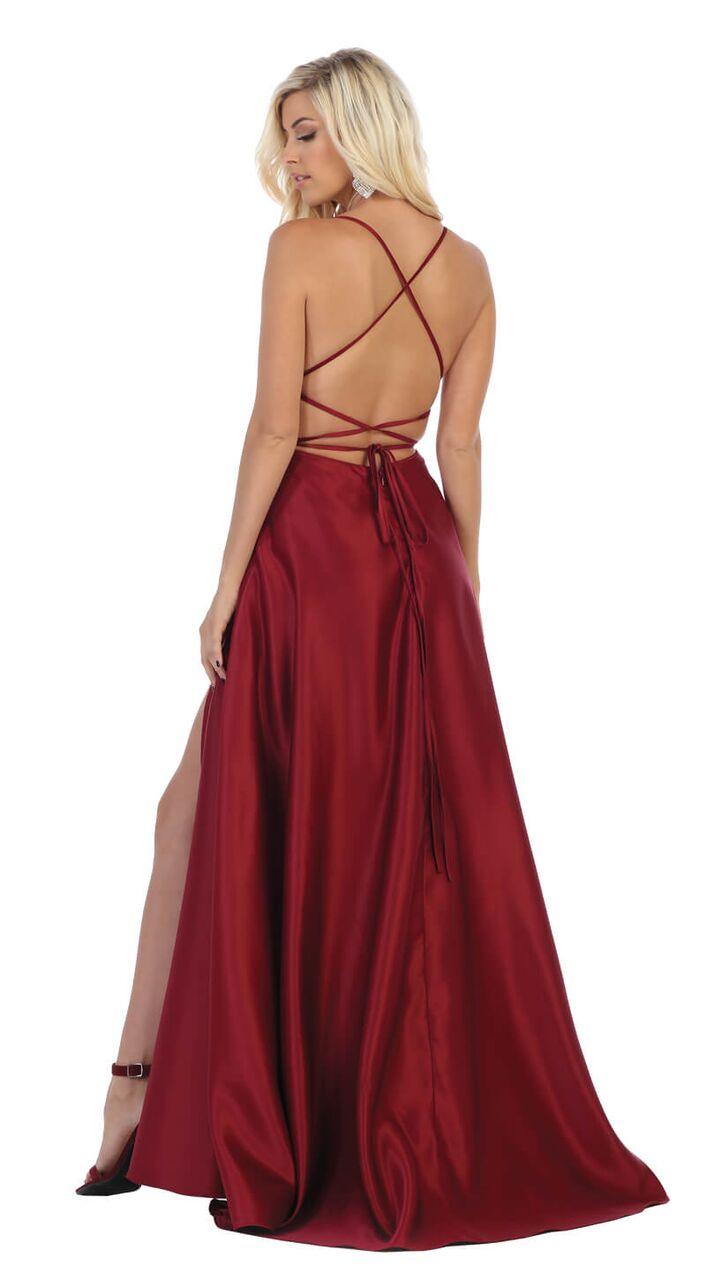 Prom Long Satin with Slit Open Back Dress - The Dress Outlet May Queen