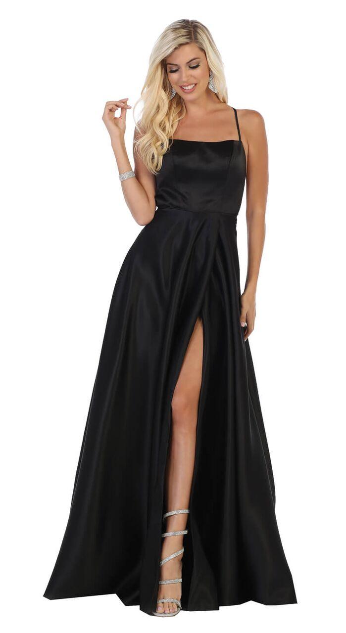 Prom Long Satin with Slit Open Back Dress - The Dress Outlet May Queen