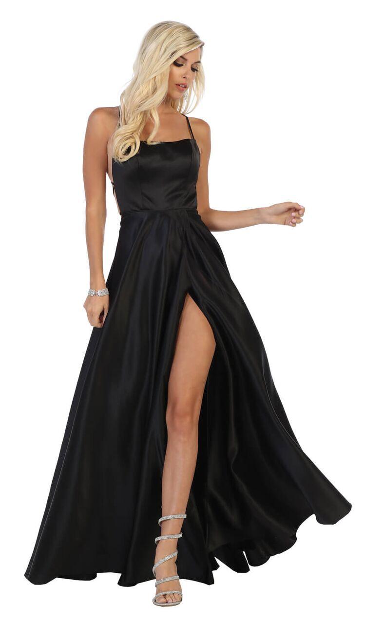 Prom Long Satin with Slit Open Back Dress - The Dress Outlet May Queen
