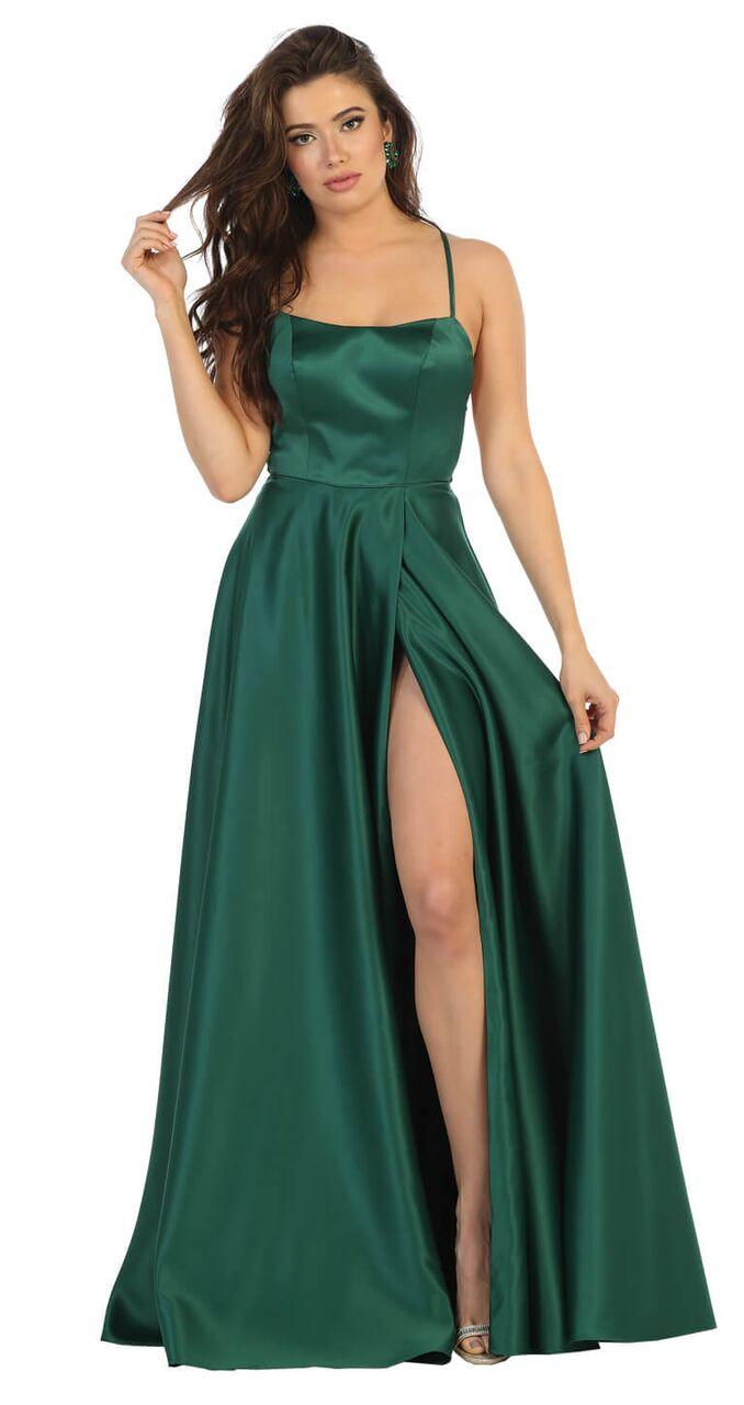 Prom Long Satin with Slit Open Back Dress - The Dress Outlet May Queen