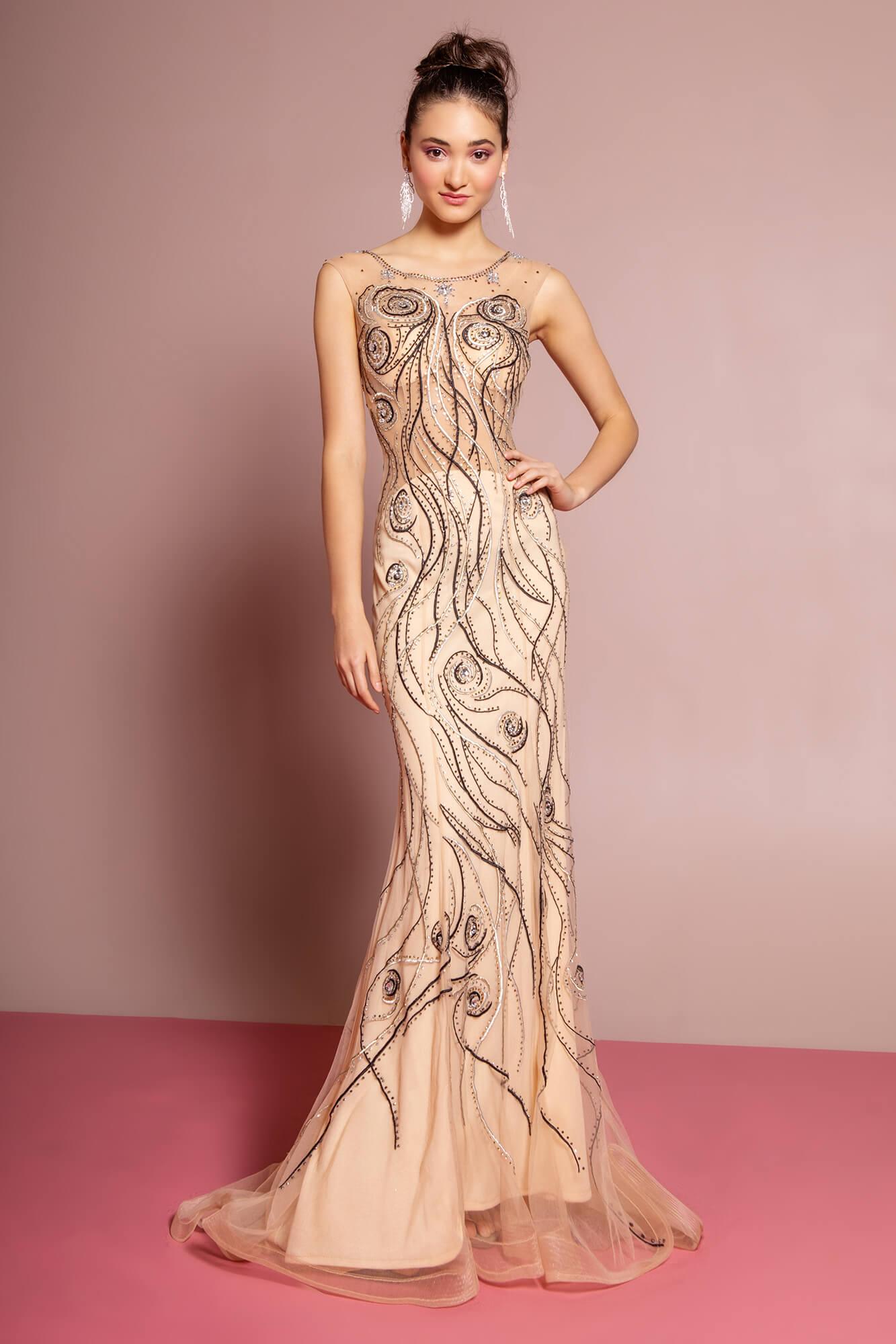 Prom Long Sequins Dress Mermaid Evening Gown Nude