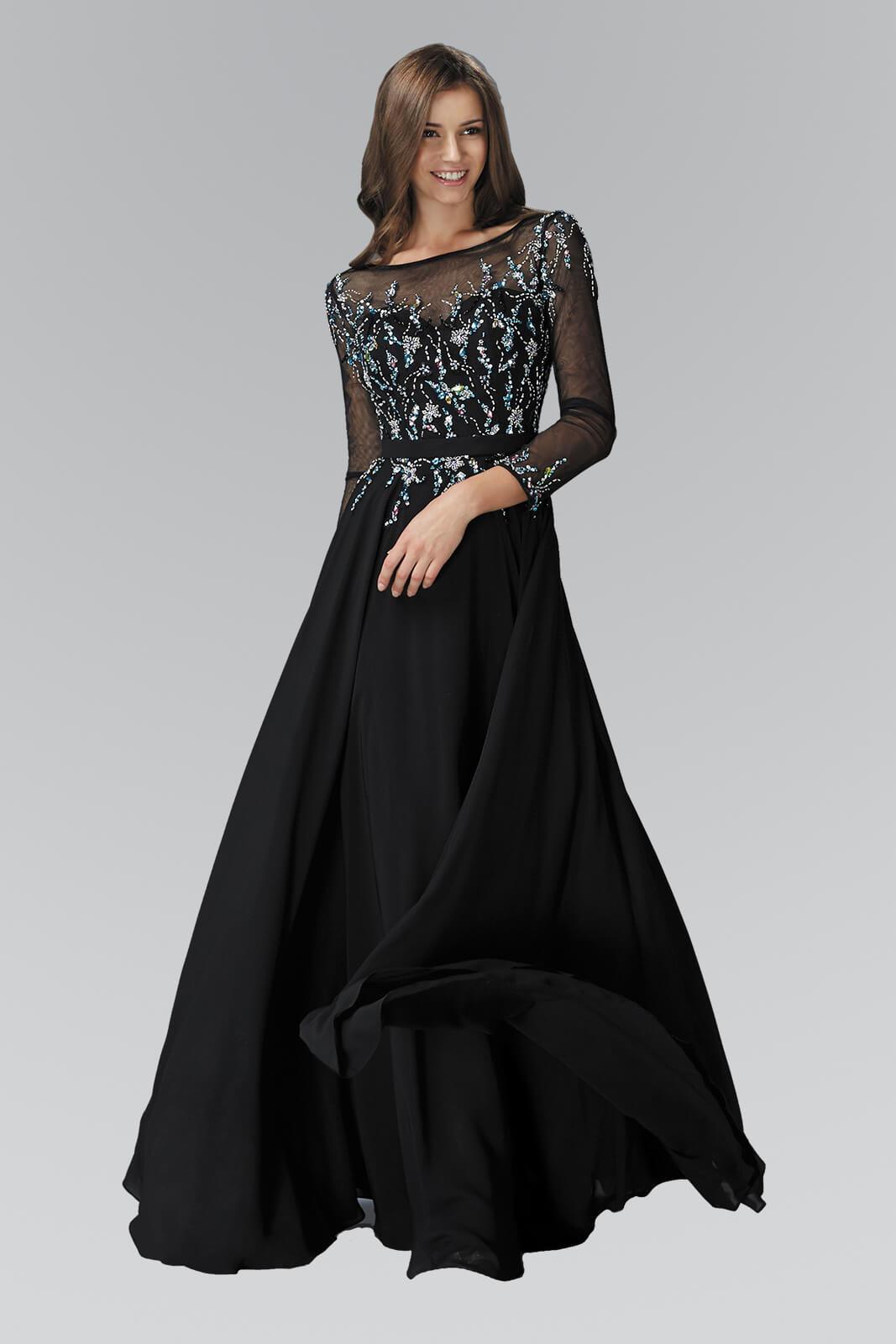 Black Prom Long Sleeve Chiffon Dress Formal for $250.99 – The Dress Outlet