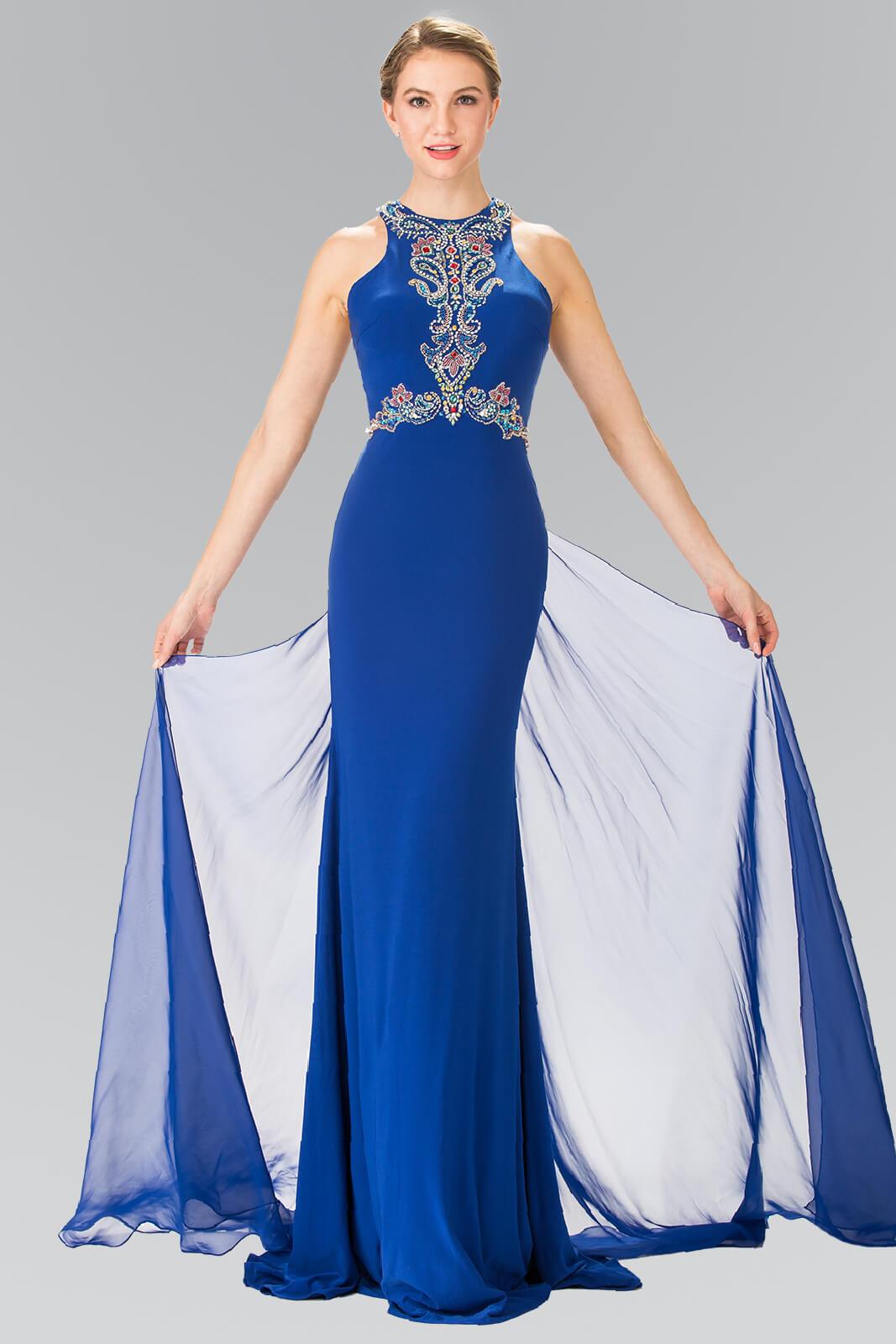 GLS Black Long Train Chiffon Prom Dress with Beaded Halter Neckline