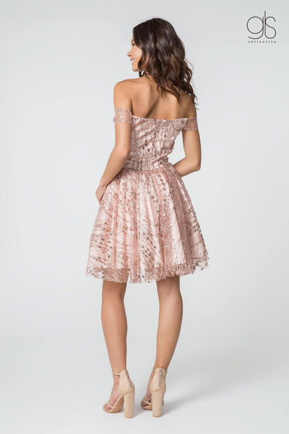 Prom Short Off Shoulder Glitter Homecoming Cocktail Dress - The Dress Outlet Elizabeth K