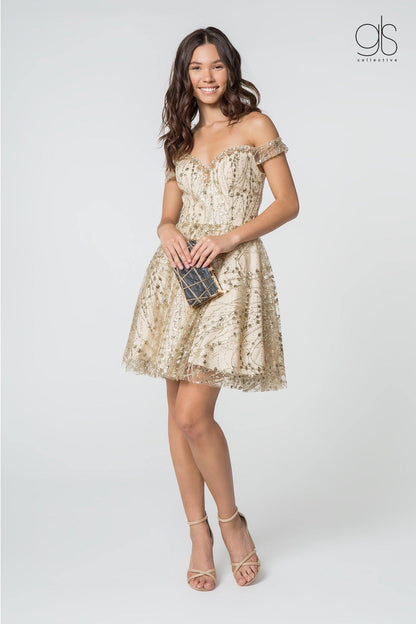 Prom Short Off Shoulder Glitter Homecoming Cocktail Dress - The Dress Outlet Elizabeth K