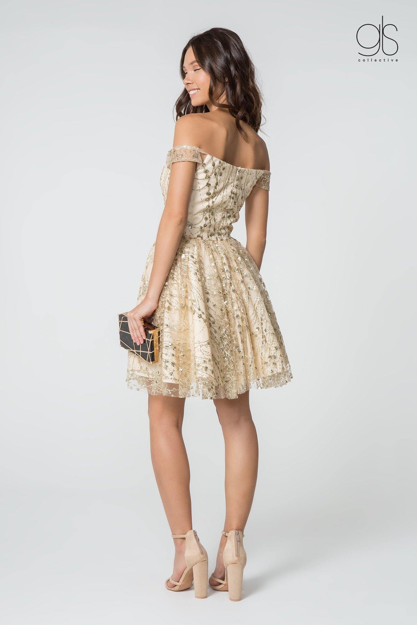 Prom Short Off Shoulder Glitter Homecoming Cocktail Dress - The Dress Outlet Elizabeth K
