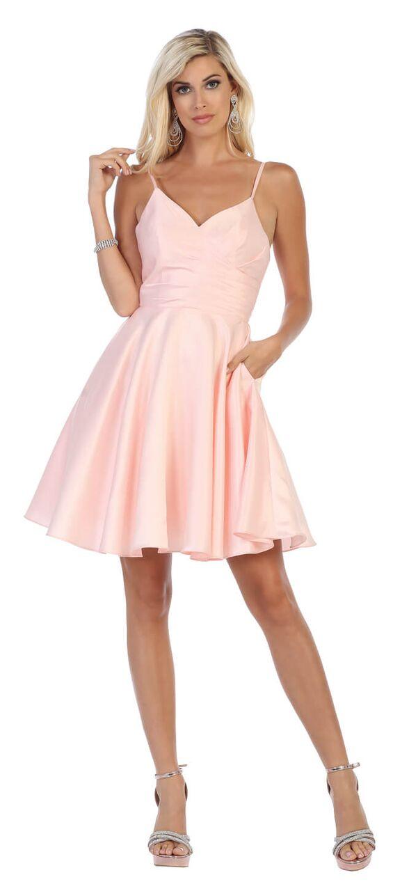 Prom Short Spaghetti Strap Cocktail Party Satin Dress - The Dress Outlet May Queen