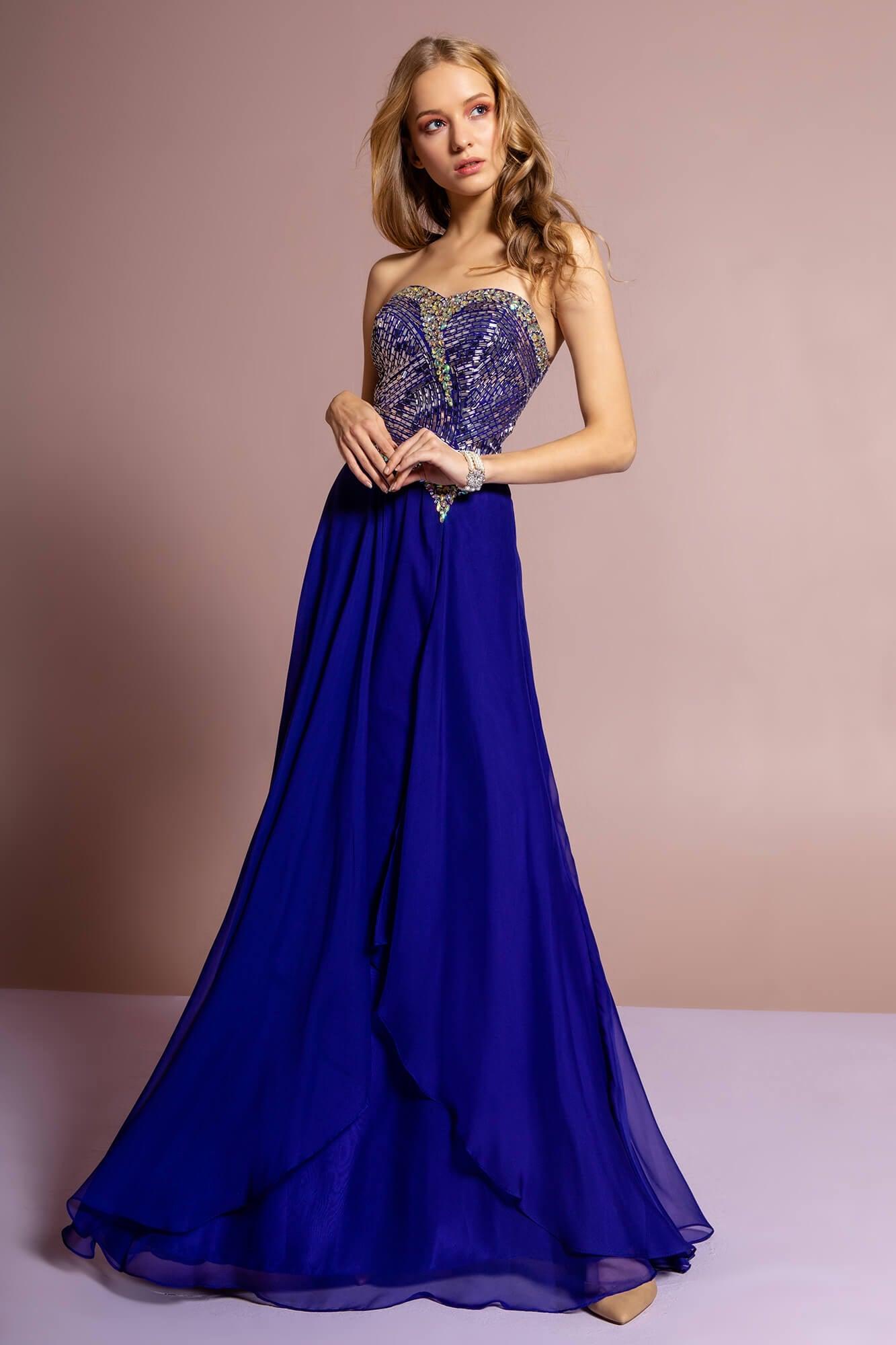 GLS Royal Blue Strapless Chiffon Long Evening Gown - Sweetheart Neckline - Xs Size GLS Royal Blue Strapless Chiffon Long Evening Gown - Sweetheart Neckline - Xs Size