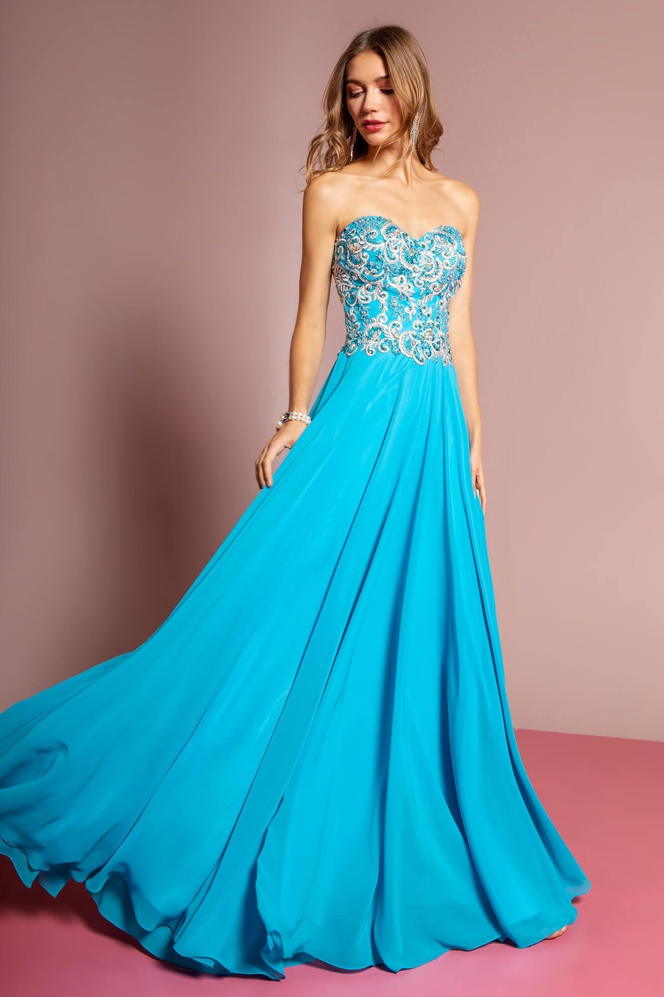 GLS Aqua Strapless Sweetheart Chiffon Evening Gown - Xs - Embellished Bodice - Full Length GLS Aqua Strapless Sweetheart Chiffon Evening Gown - Xs - Embellished Bodice - Full Length