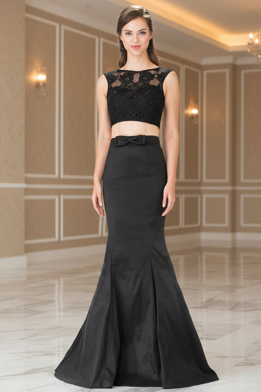GLS Red Two Piece Taffeta Formal Dress - Embellished Crop Top & Fish Tail Gown - Size L
