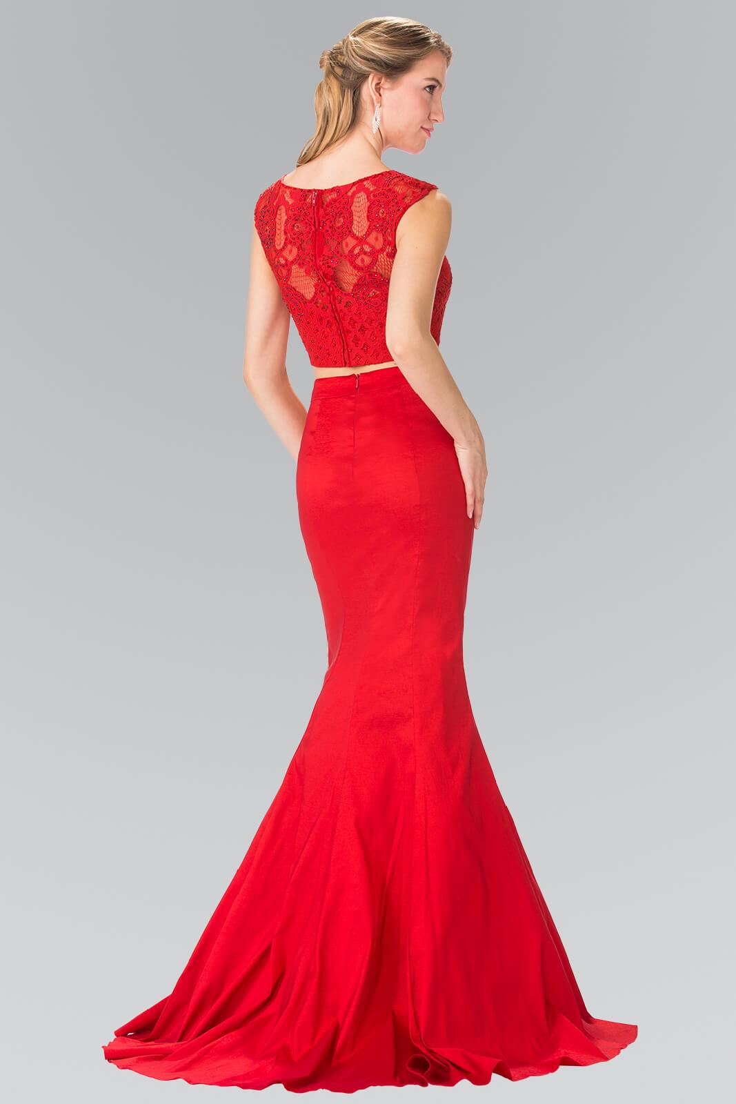 GLS Red Two Piece Taffeta Formal Dress - Embellished Crop Top & Fish Tail Gown - Size L GLS Red Two Piece Taffeta Formal Dress - Embellished Crop Top & Fish Tail Gown - Size L