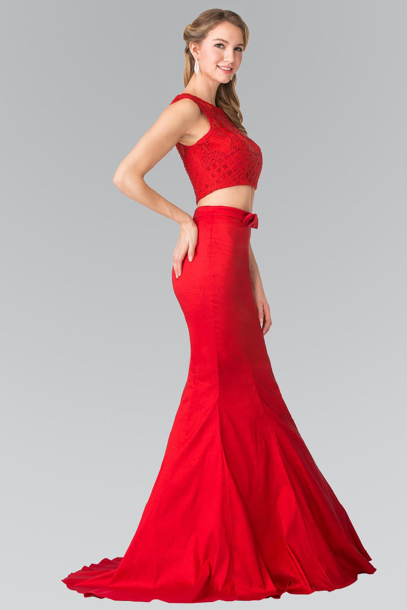 tafferta prom dress GLS Red Two Piece Taffeta Formal Dress - Embellished Crop Top & Fish Tail Gown