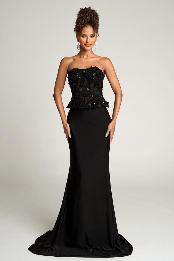 Strapless Floor-Length Crepe Prom Dress Peplum Lace Bodice Portia & Scarlett PS26124