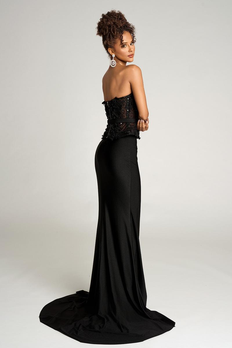 Black Strapless Floor-Length Crepe Prom Dress Peplum Lace Bodice Portia & Scarlett PS26124