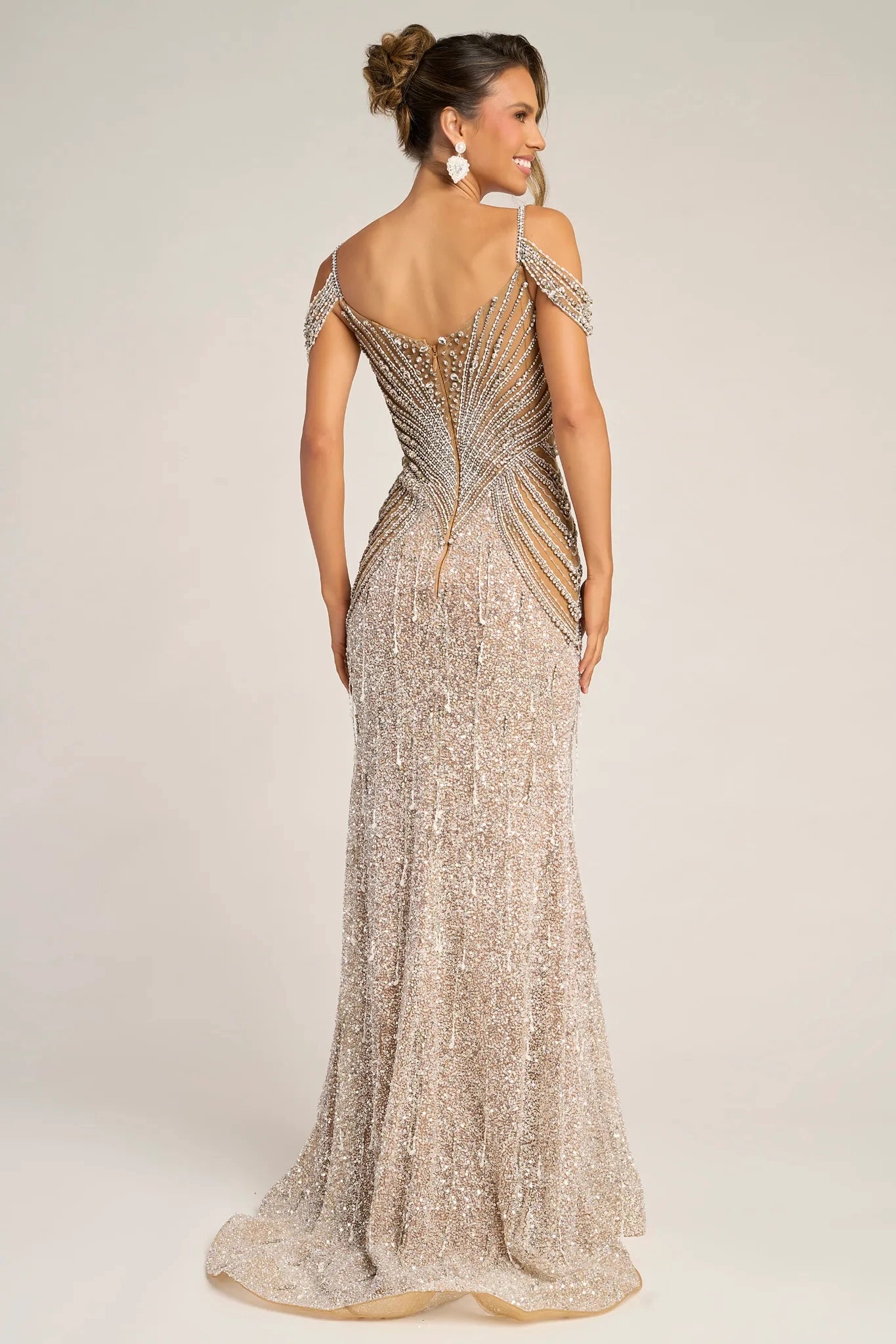 Nude/Silver Plunging Sweetheart Floor-Length Beaded Prom Gown Fringe Detail Portia & Scarlett PS26449C