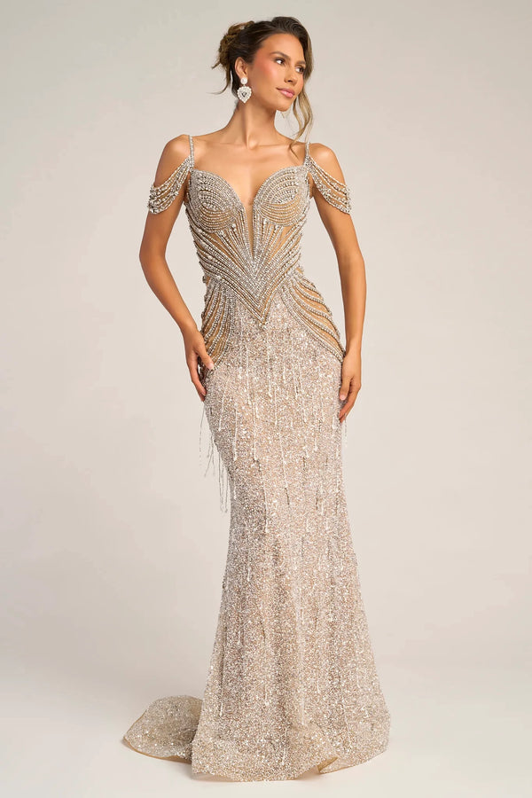Plunging Sweetheart Floor-Length Beaded Prom Gown Fringe Detail Portia & Scarlett PS26449C