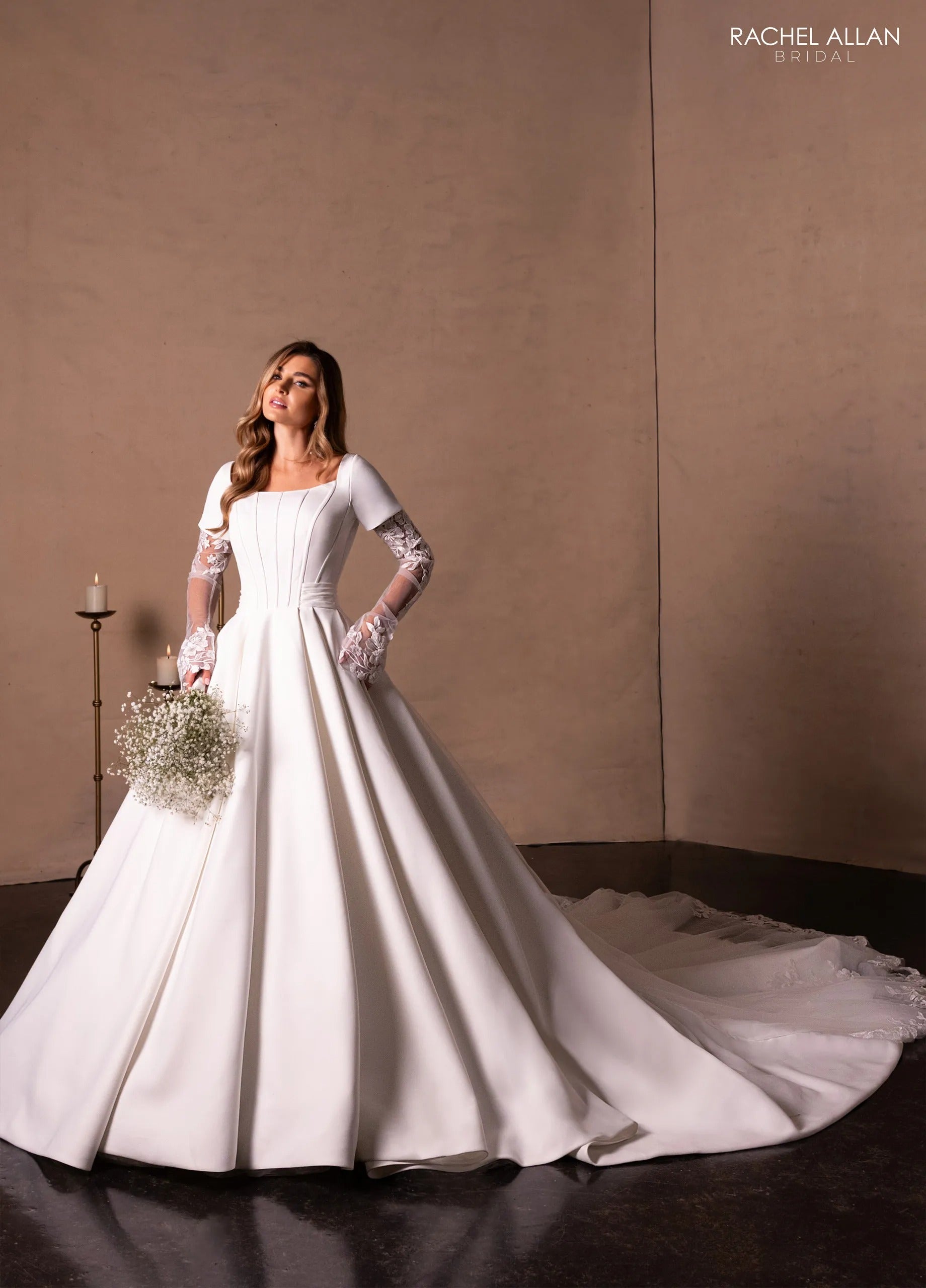 Ivory Square Neck Floor-Length Mikado and Lace Bridal Ball Gown with Short Sleeves Rachel Allan RB7018
