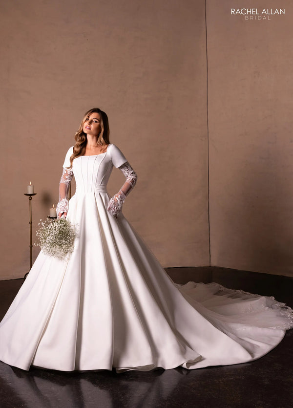 Square Neck Floor-Length Mikado and Lace Bridal Ball Gown with Short Sleeves Rachel Allan RB7018