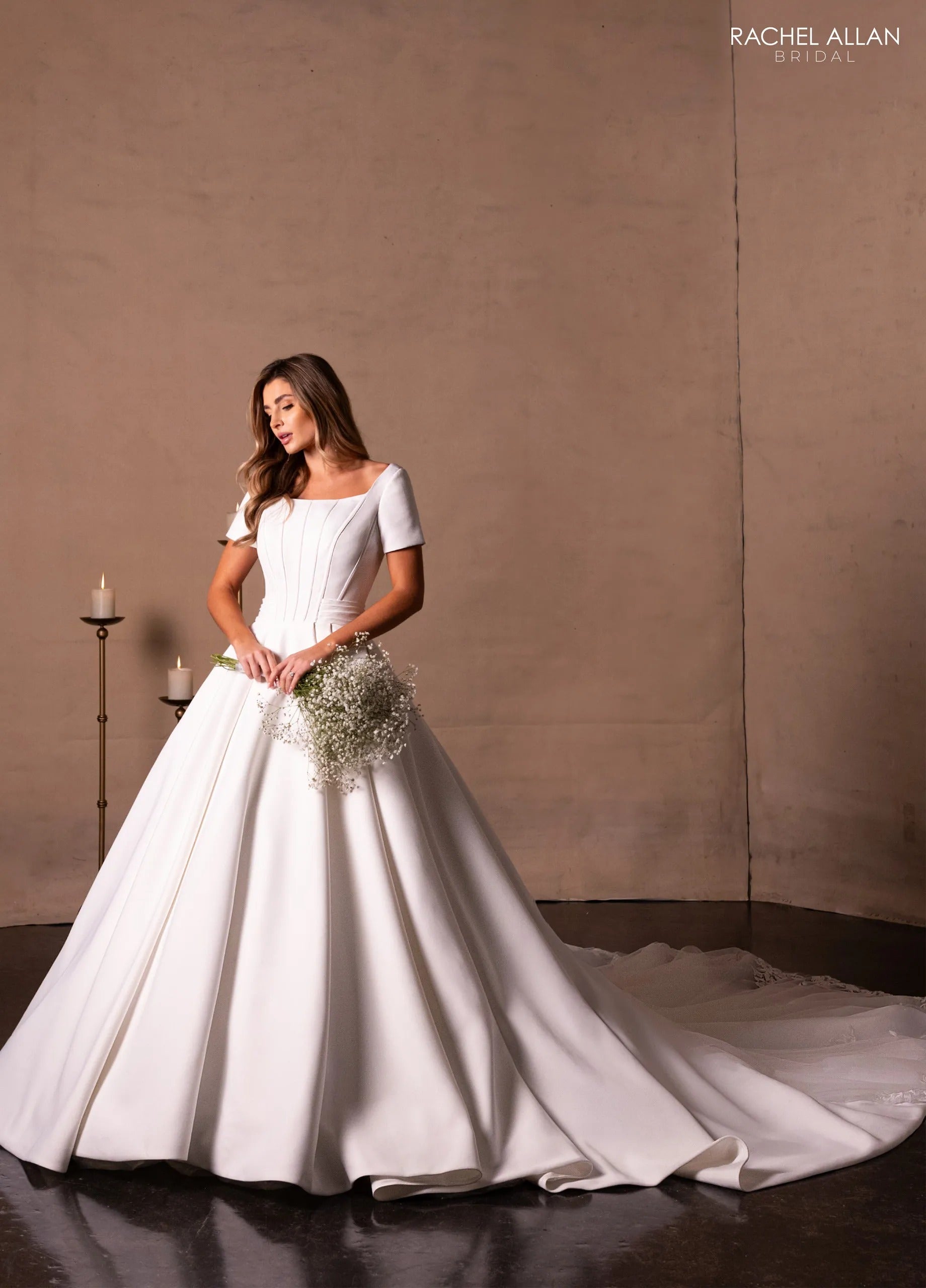 Ivory Square Neck Floor-Length Mikado and Lace Bridal Ball Gown with Short Sleeves Rachel Allan RB7018