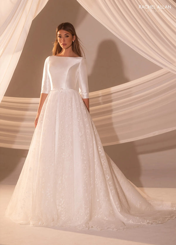 Bateau Neck Floor-Length Satin and Lace Bridal Wedding Gown with 3/4 Sleeves Rachel Allan RB7013