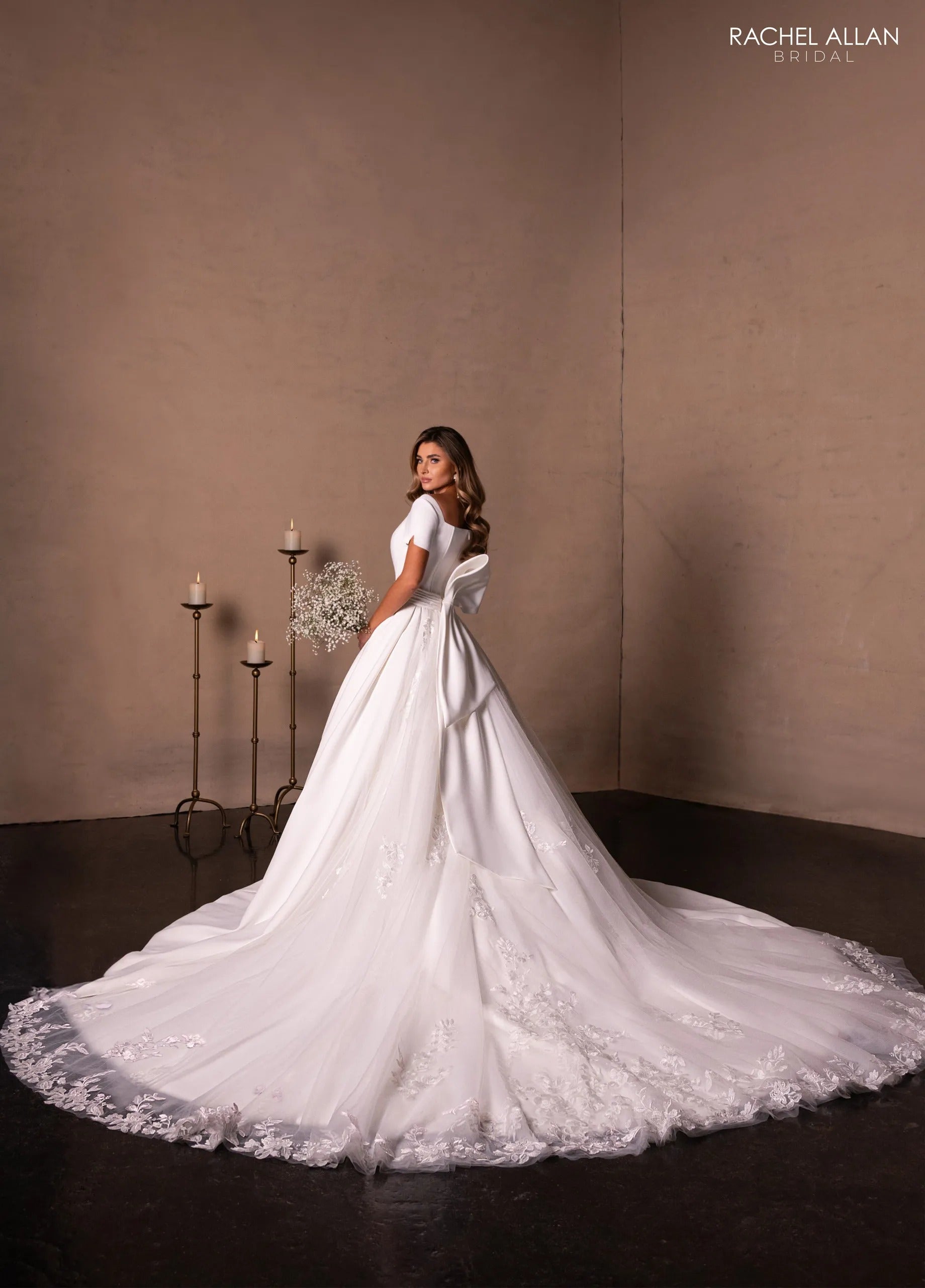 Ivory Square Neck Floor-Length Mikado and Lace Bridal Ball Gown with Short Sleeves Rachel Allan RB7018