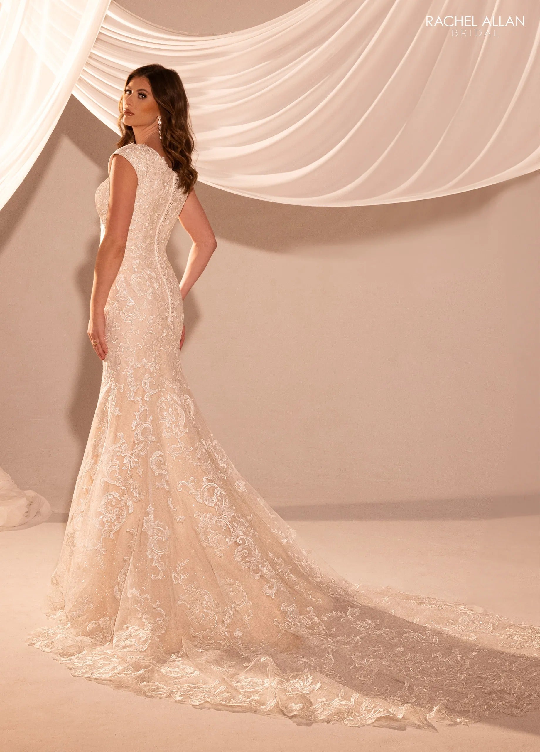 Ivory Blush Jewel Neck Floor-Length Lace Bridal Wedding Gown with Cap Sleeves Rachel Allan RB7014