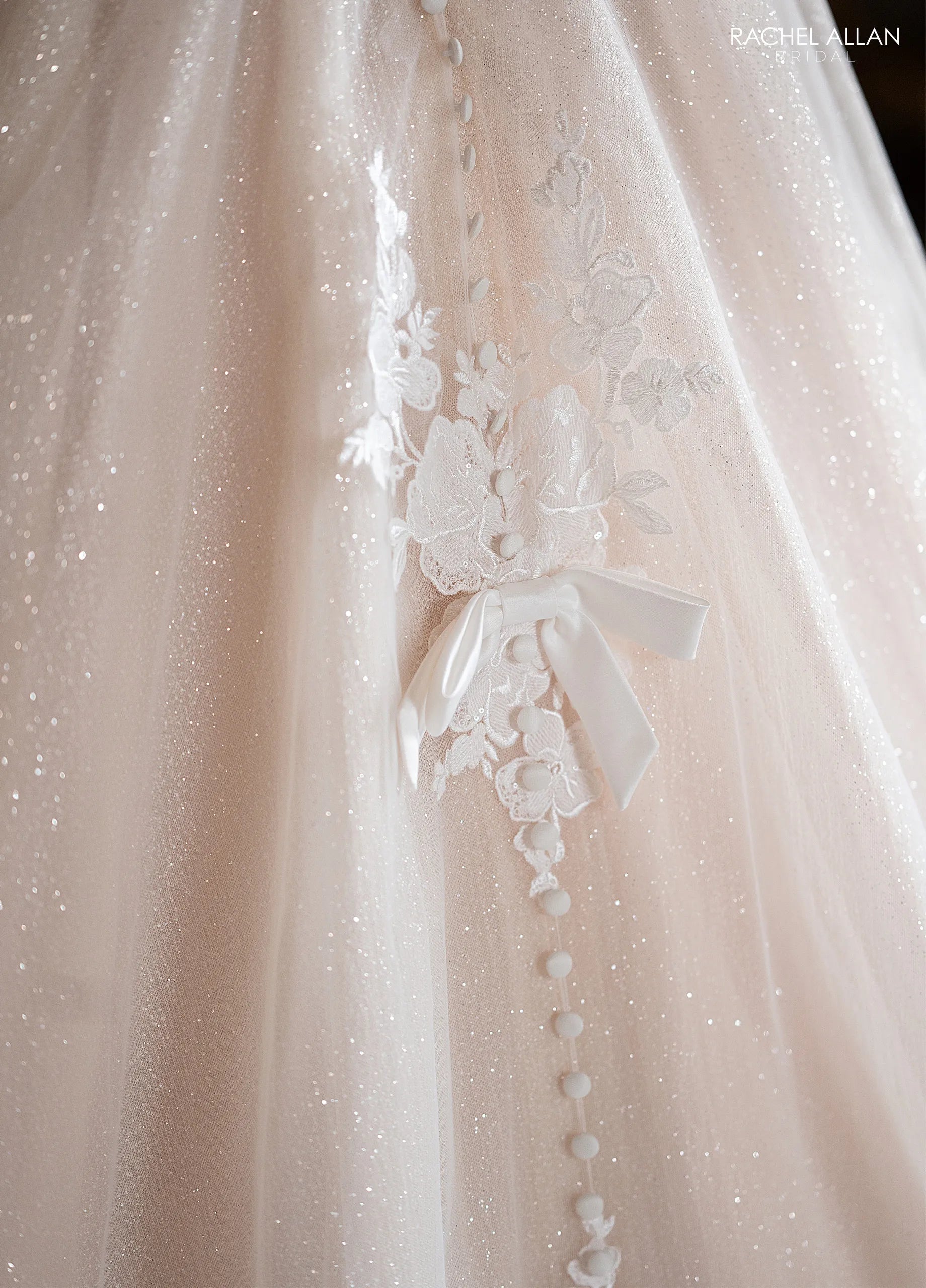 Ivory Champagne Nude Illusion Neck Floor-Length Glitter Tulle Wedding Gown with Long Sleeves Rachel Allan RB7026