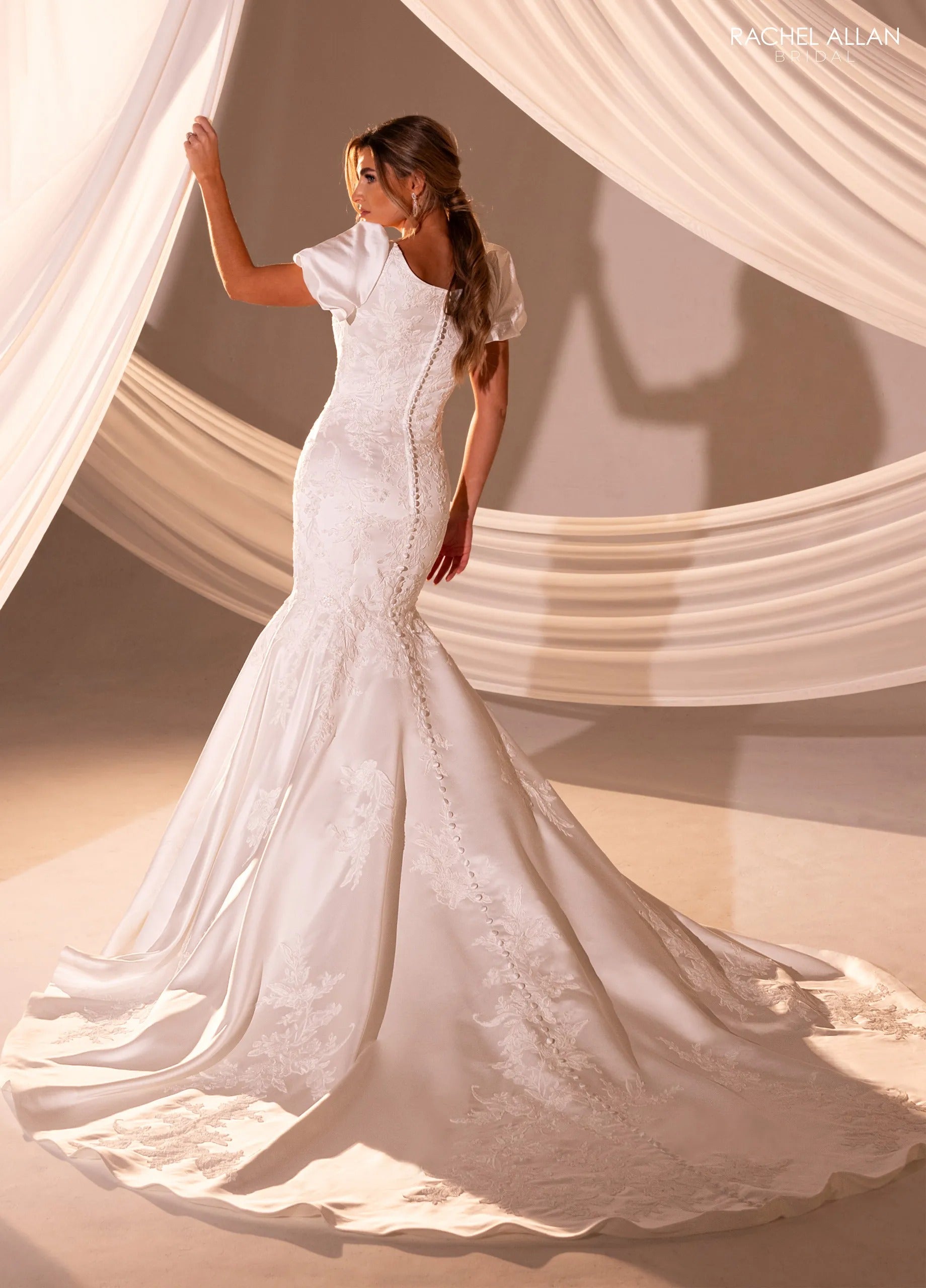 Ivory Square Neck Floor-Length Satin and Lace Bridal Wedding Gown with Puff Sleeves Rachel Allan RB7015