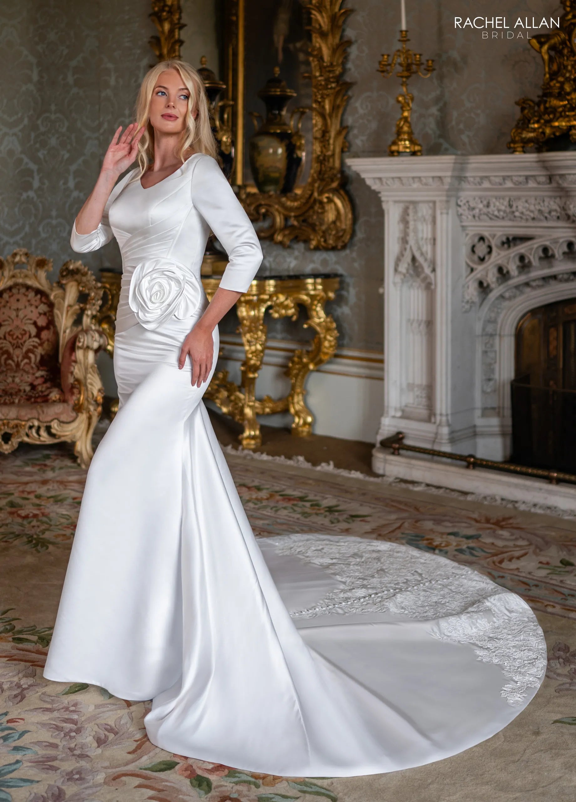 Ivory V-Neck Floor-Length Satin Bridal Gown with Rose Detail Rachel Allan RB7024