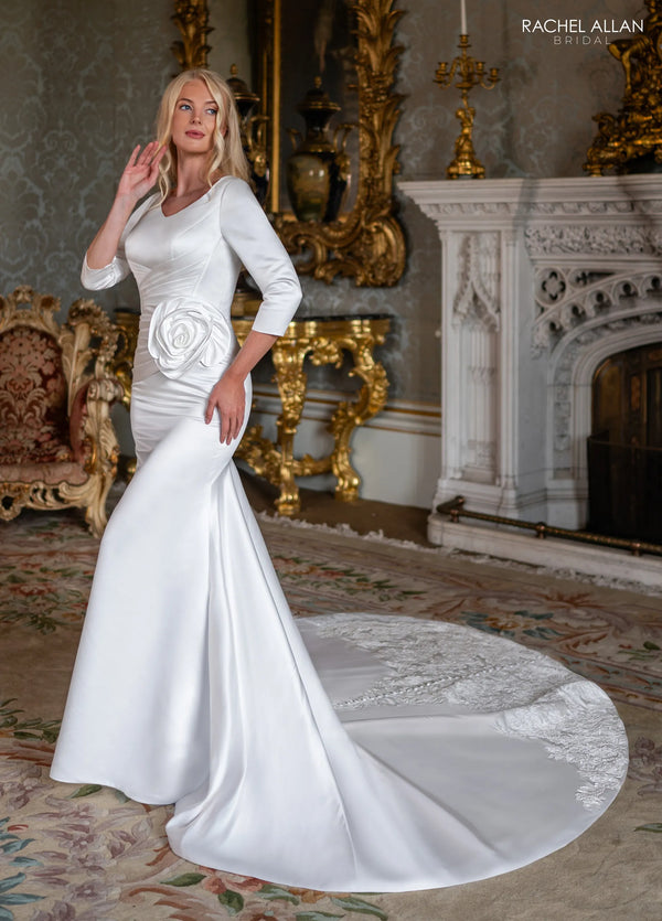 V-Neck Floor-Length Satin Bridal Gown with Rose Detail Rachel Allan RB7024