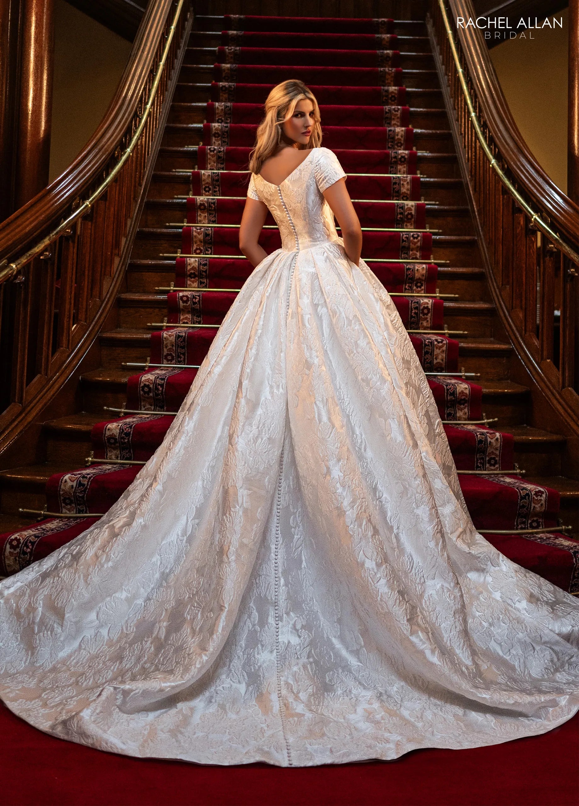 Ivory V-Neck Floor-Length Floral Brocade Wedding Dress Rachel Allan RB7027