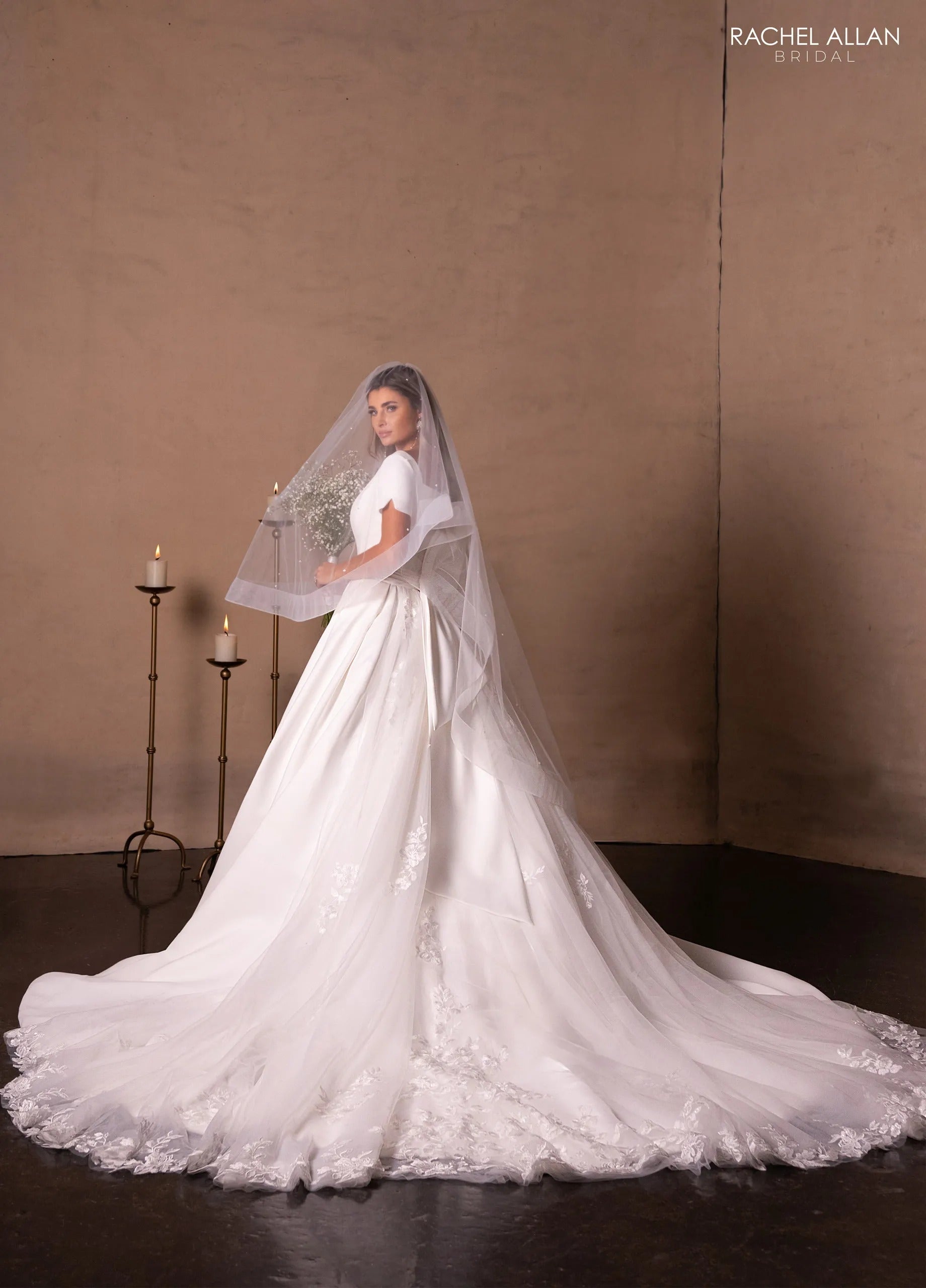 Ivory Square Neck Floor-Length Mikado and Lace Bridal Ball Gown with Short Sleeves Rachel Allan RB7018