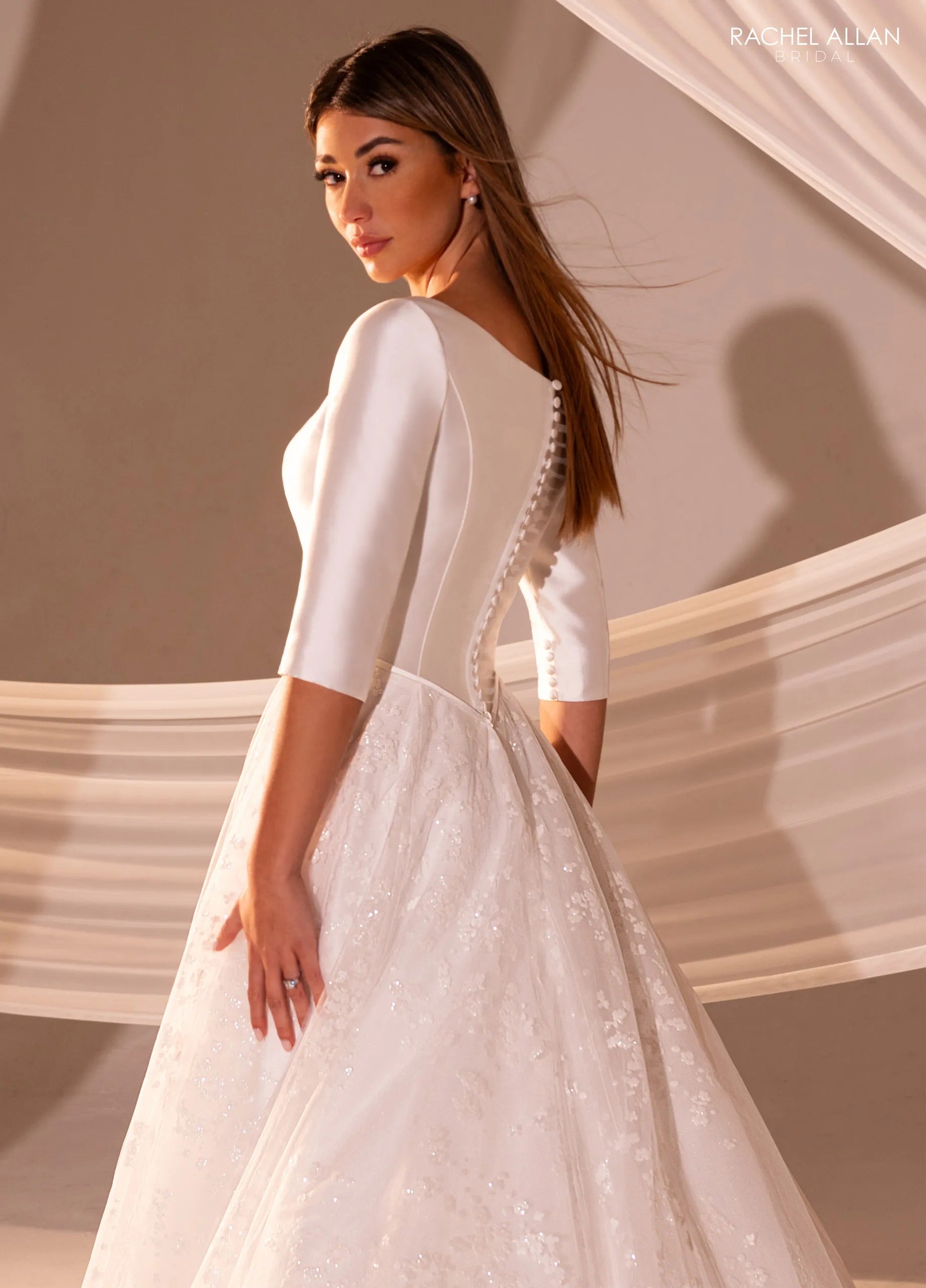 Ivory Bateau Neck Floor-Length Satin and Lace Bridal Wedding Gown with 3/4 Sleeves Rachel Allan RB7013