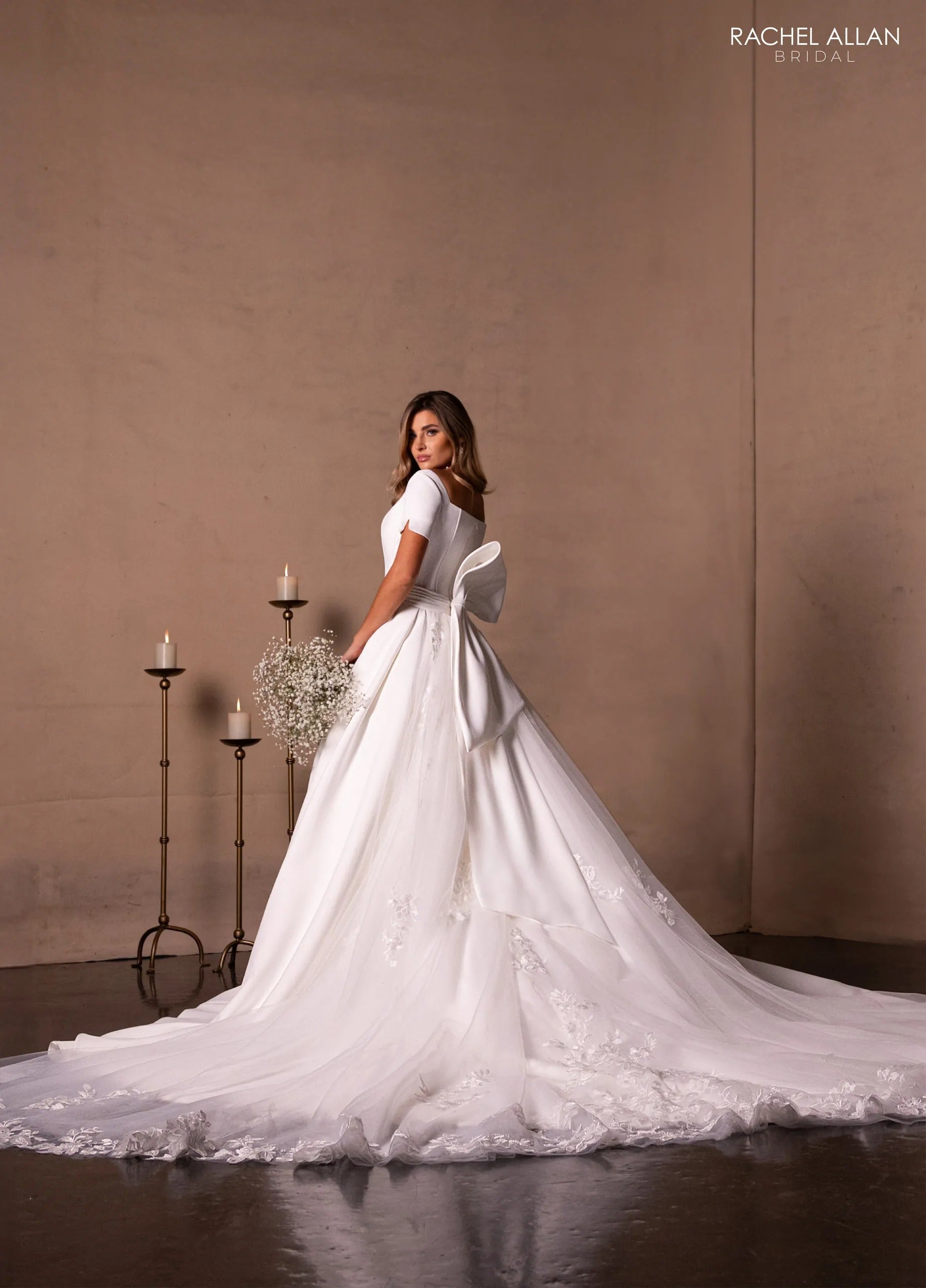 Ivory Square Neck Floor-Length Mikado and Lace Bridal Ball Gown with Short Sleeves Rachel Allan RB7018