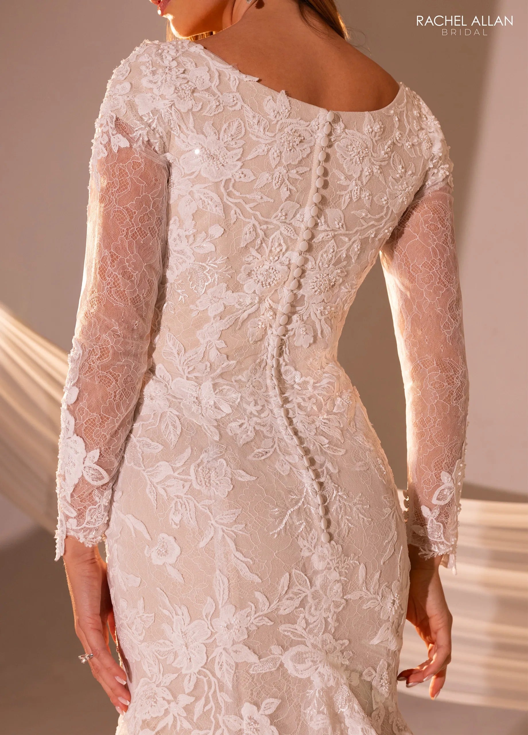 Ivory Sand Bateau Neck Floor-Length Lace Bridal Wedding Gown with Long Sleeves Rachel Allan RB7017
