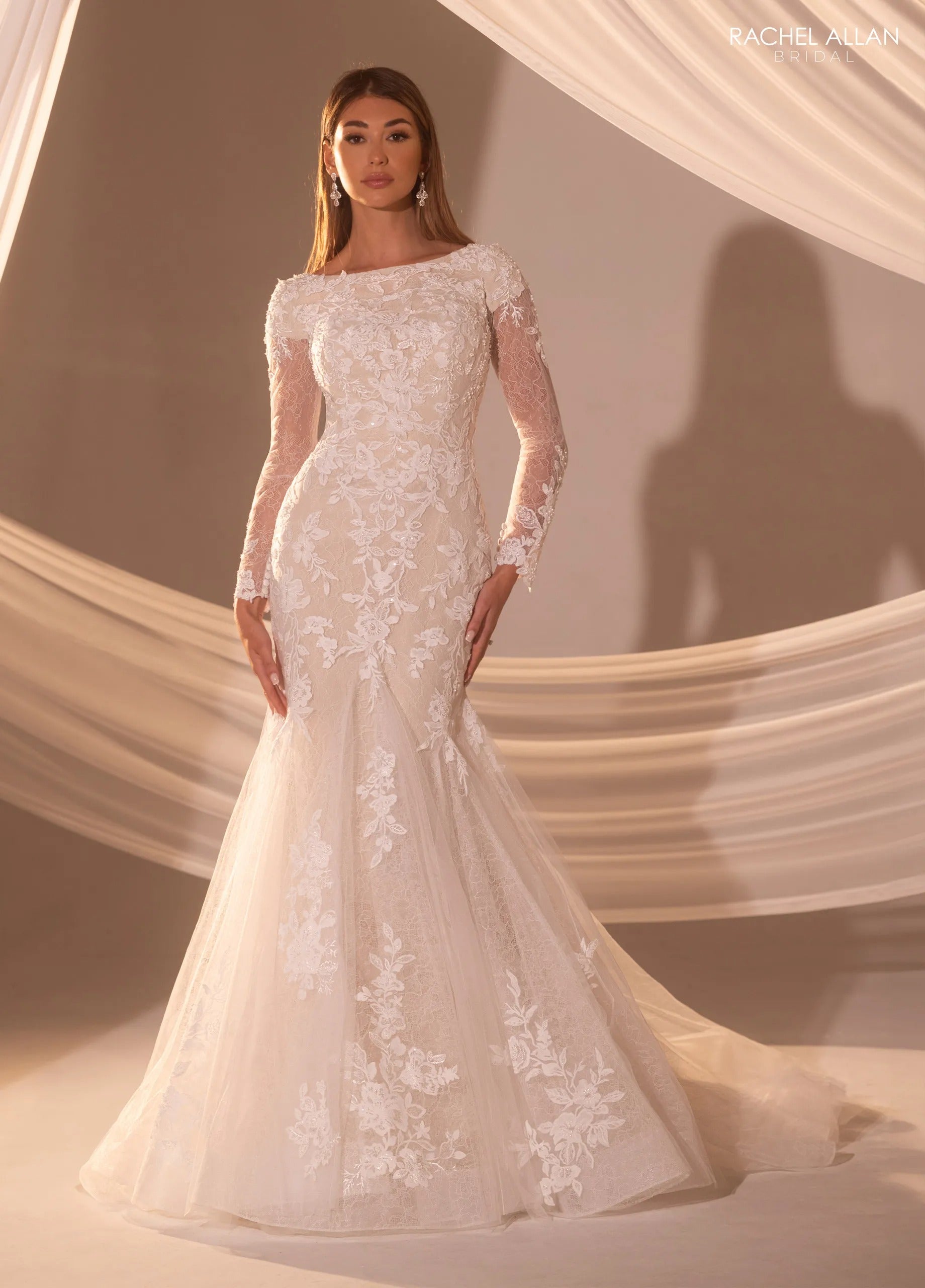 Ivory Sand Bateau Neck Floor-Length Lace Bridal Wedding Gown with Long Sleeves Rachel Allan RB7017