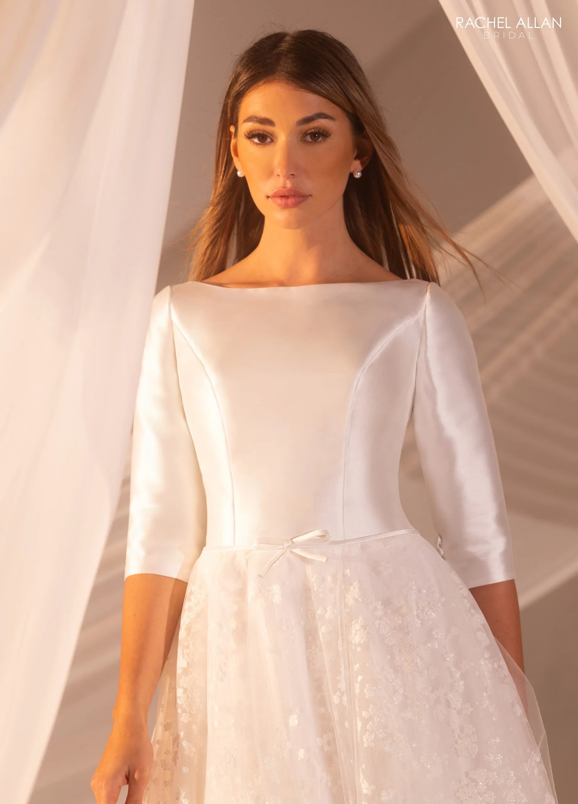 Ivory Bateau Neck Floor-Length Satin and Lace Bridal Wedding Gown with 3/4 Sleeves Rachel Allan RB7013