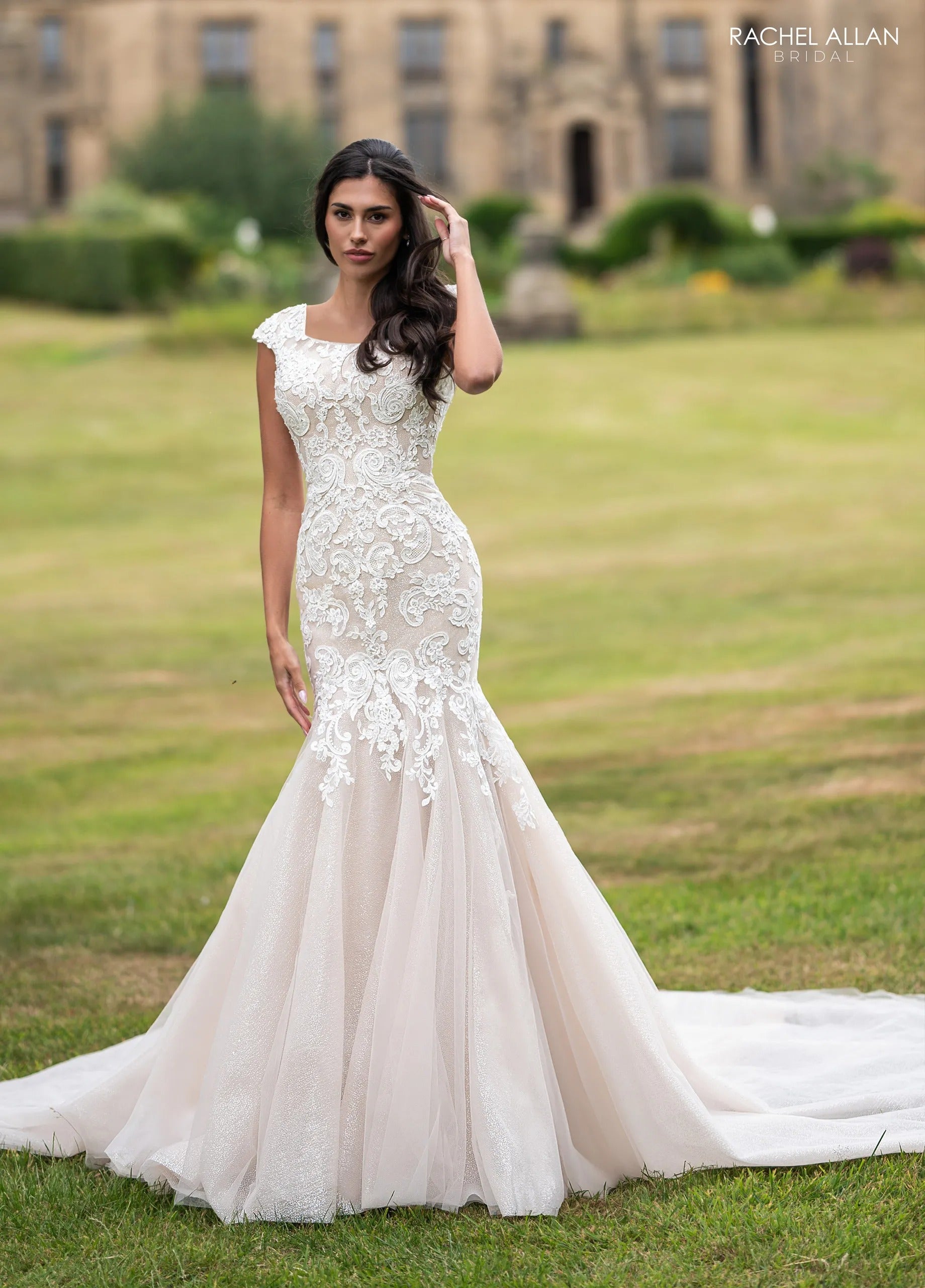 Ivory Nude Square Neck Floor-Length Lace and Glitter Tulle Bridal Wedding Gown with Cap Sleeves Rachel Allan RB7020