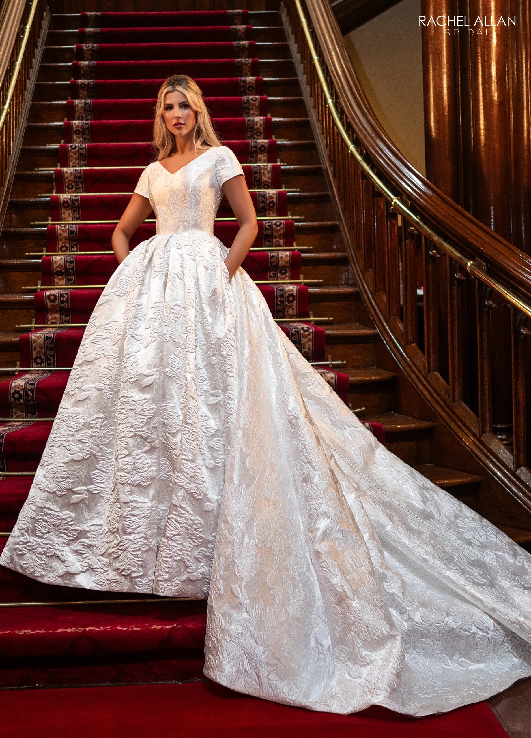 Ivory V-Neck Floor-Length Floral Brocade Wedding Dress Rachel Allan RB7027