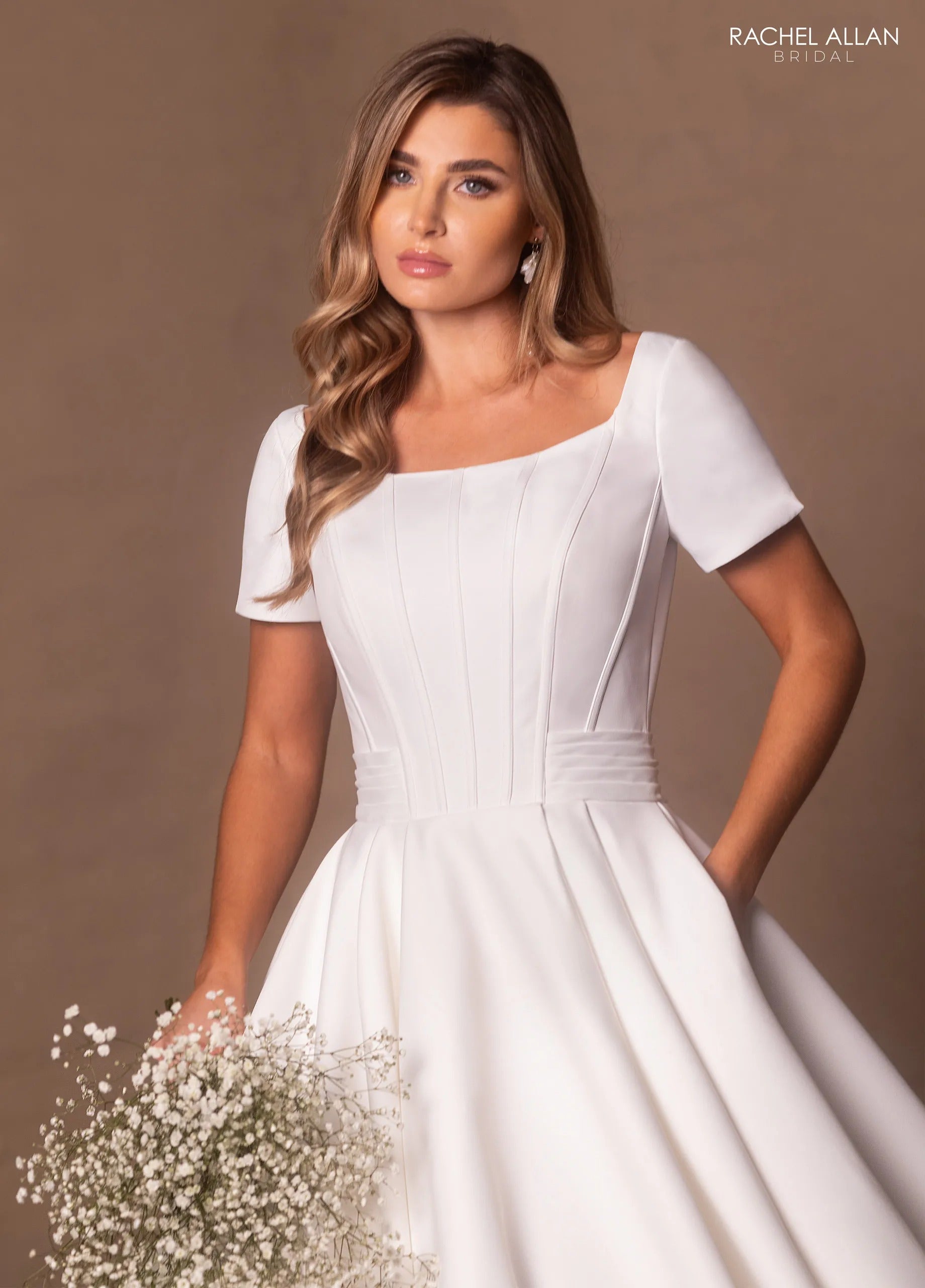 Ivory Square Neck Floor-Length Mikado and Lace Bridal Ball Gown with Short Sleeves Rachel Allan RB7018
