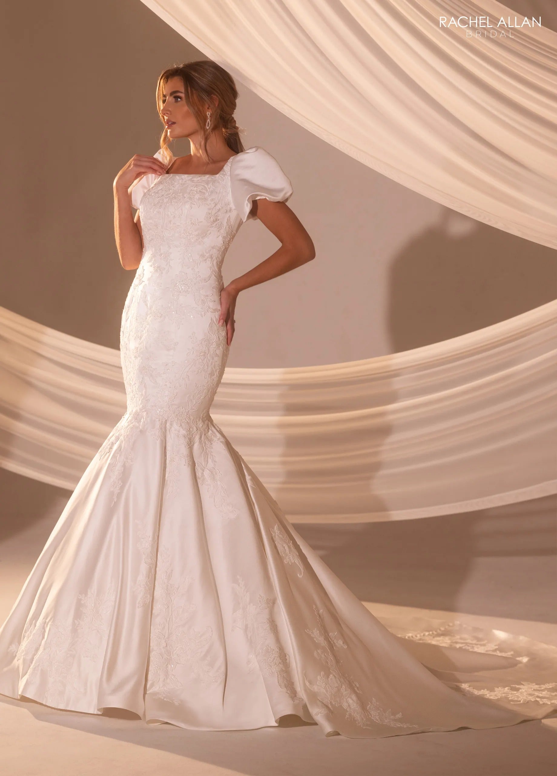Ivory Square Neck Floor-Length Satin and Lace Bridal Wedding Gown with Puff Sleeves Rachel Allan RB7015
