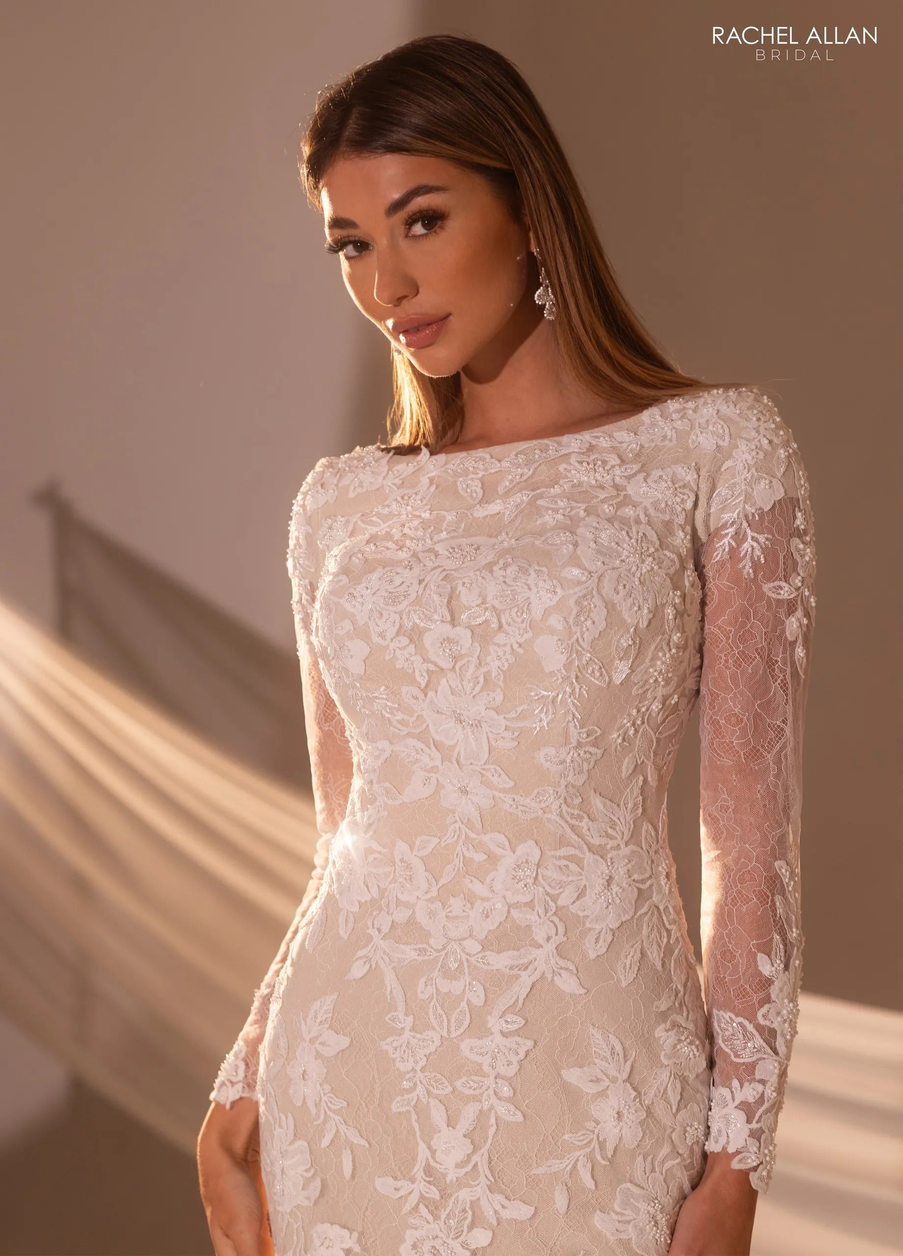 Ivory Sand Bateau Neck Floor-Length Lace Bridal Wedding Gown with Long Sleeves Rachel Allan RB7017