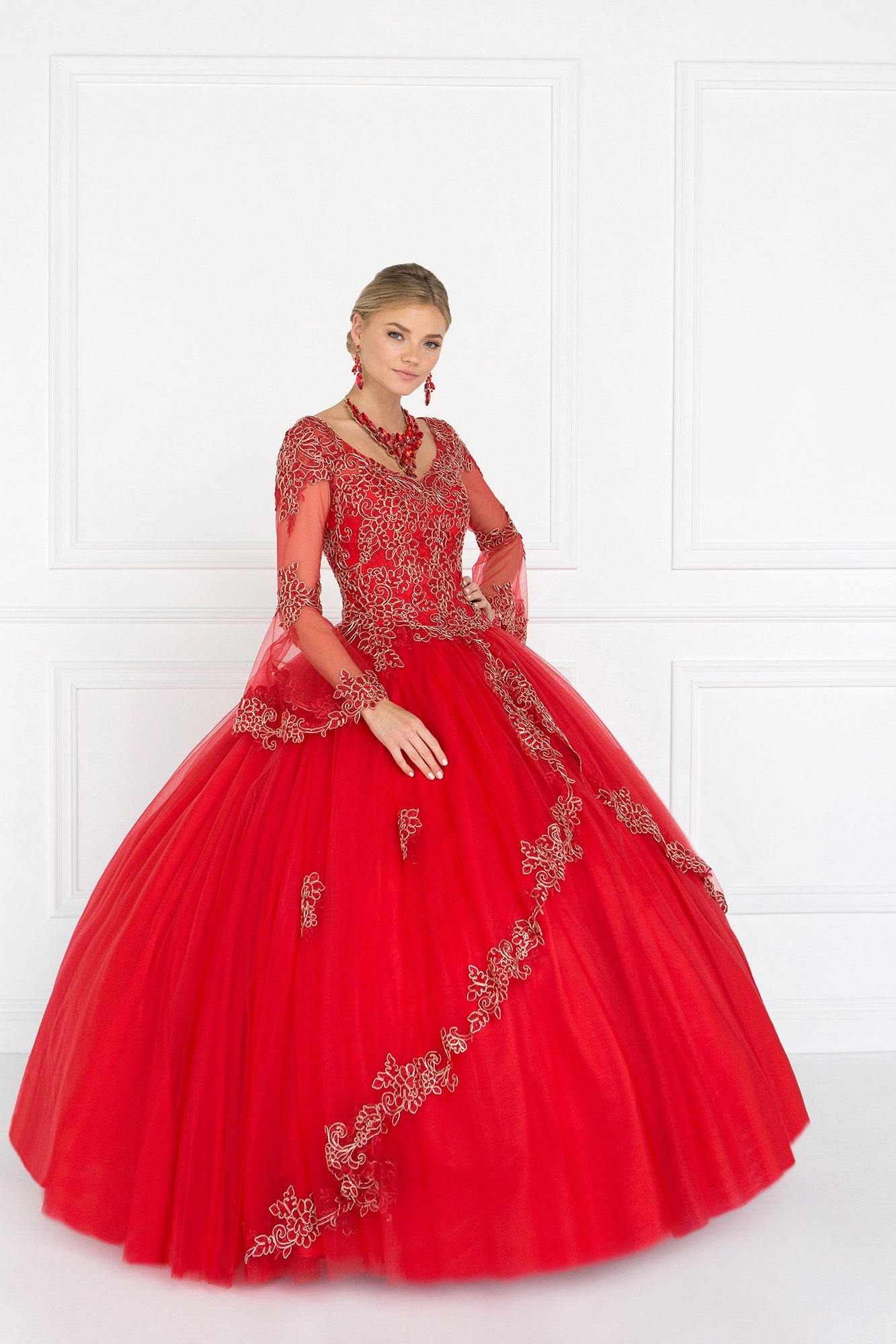 Quinceanera V-Neck Ball Gown Dress with Bell Sleeves - The Dress Outlet Elizabeth K